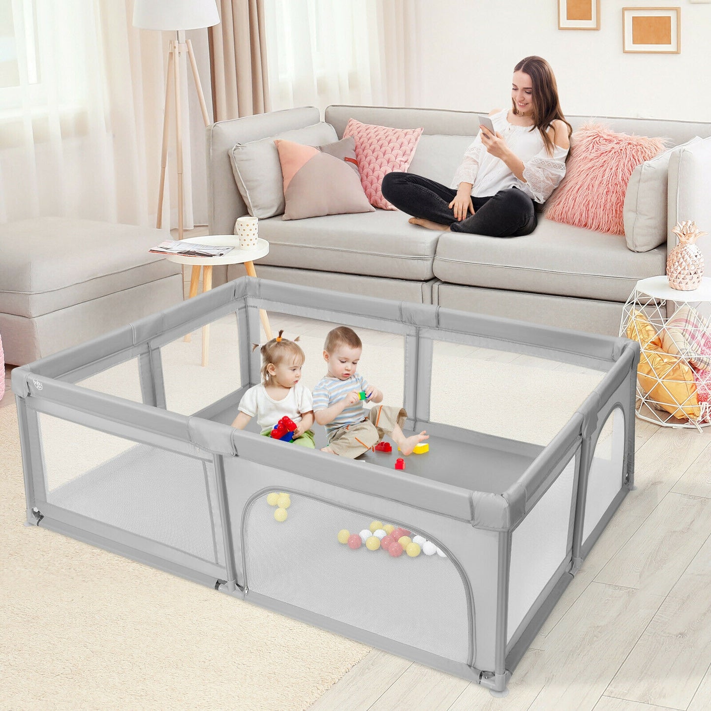 Extra-Large Safety Baby Fence with 50 Ocean Balls-Gray Kids Crystal