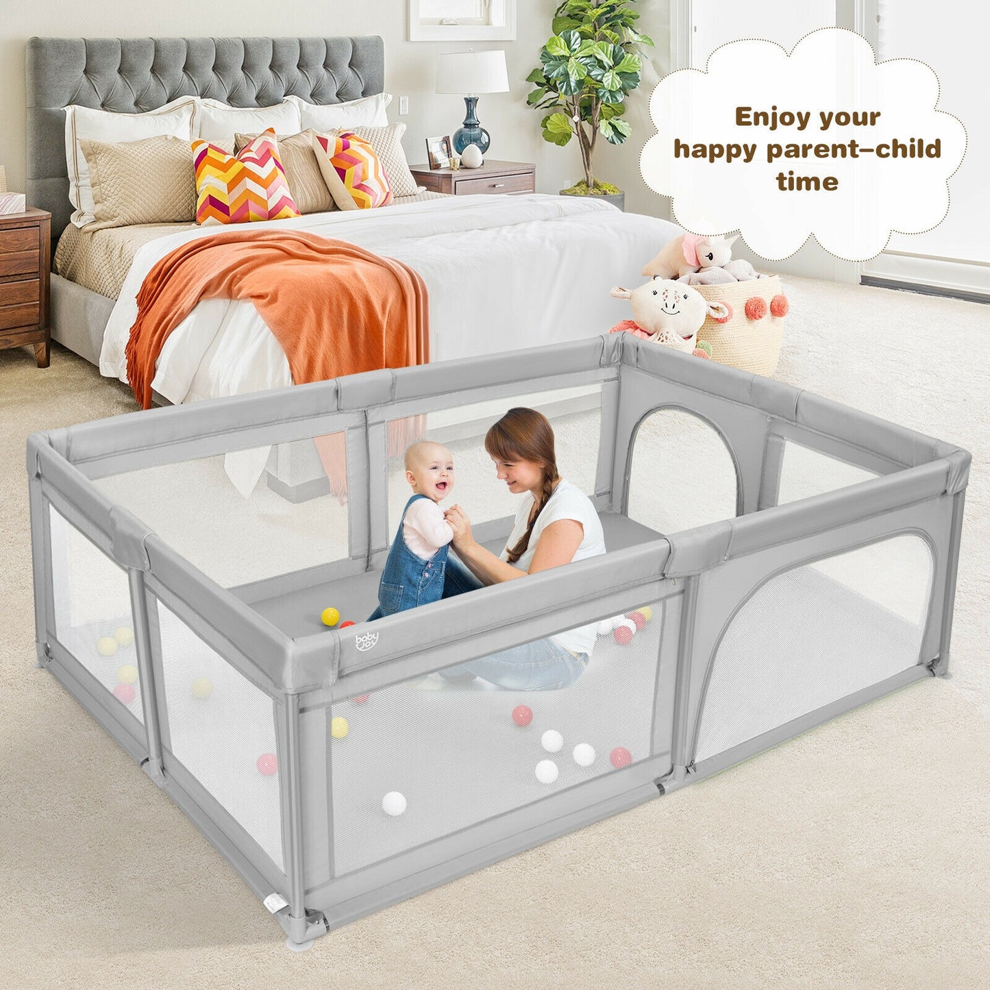 Extra-Large Safety Baby Fence with 50 Ocean Balls-Gray Kids Crystal