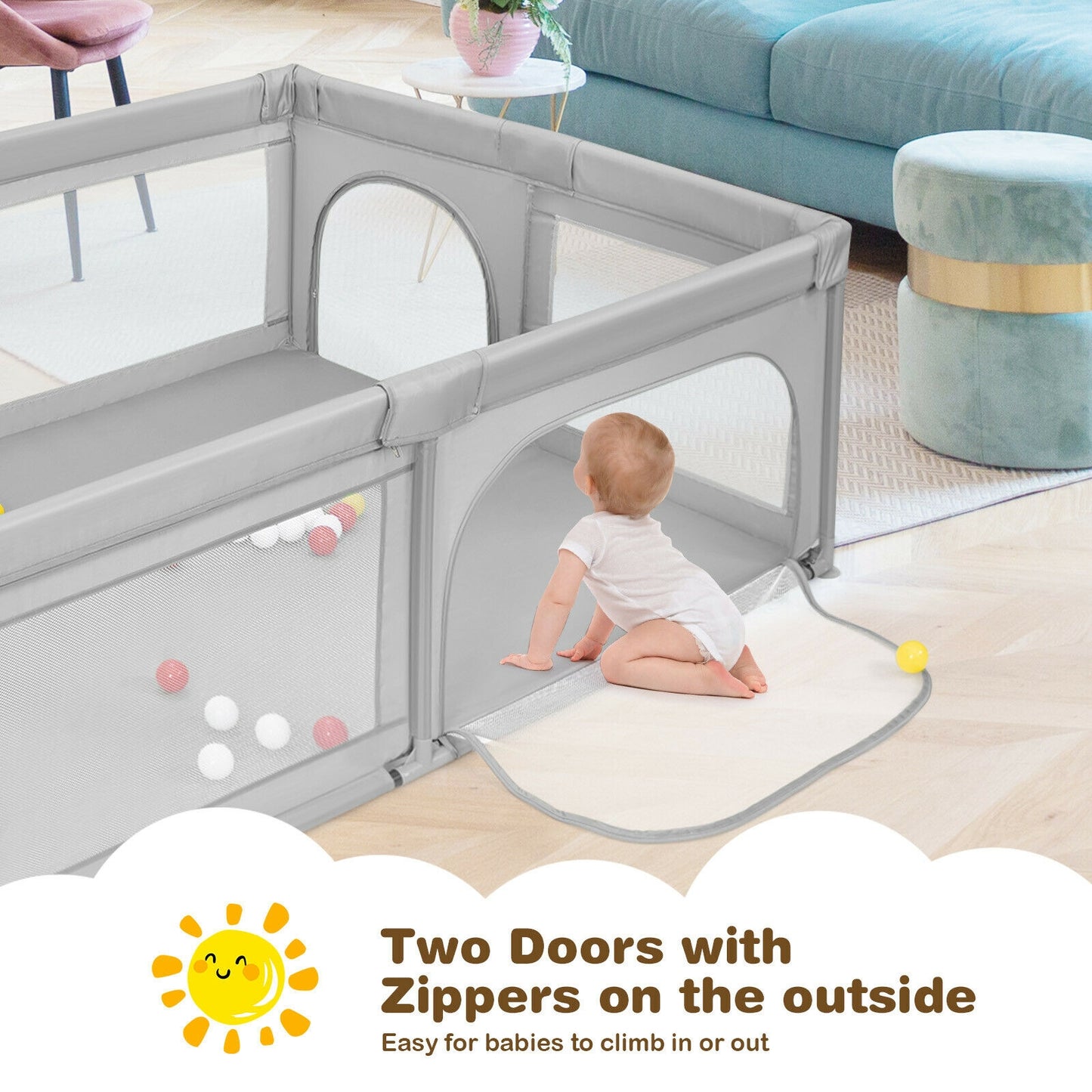 Extra-Large Safety Baby Fence with 50 Ocean Balls-Gray Kids Crystal