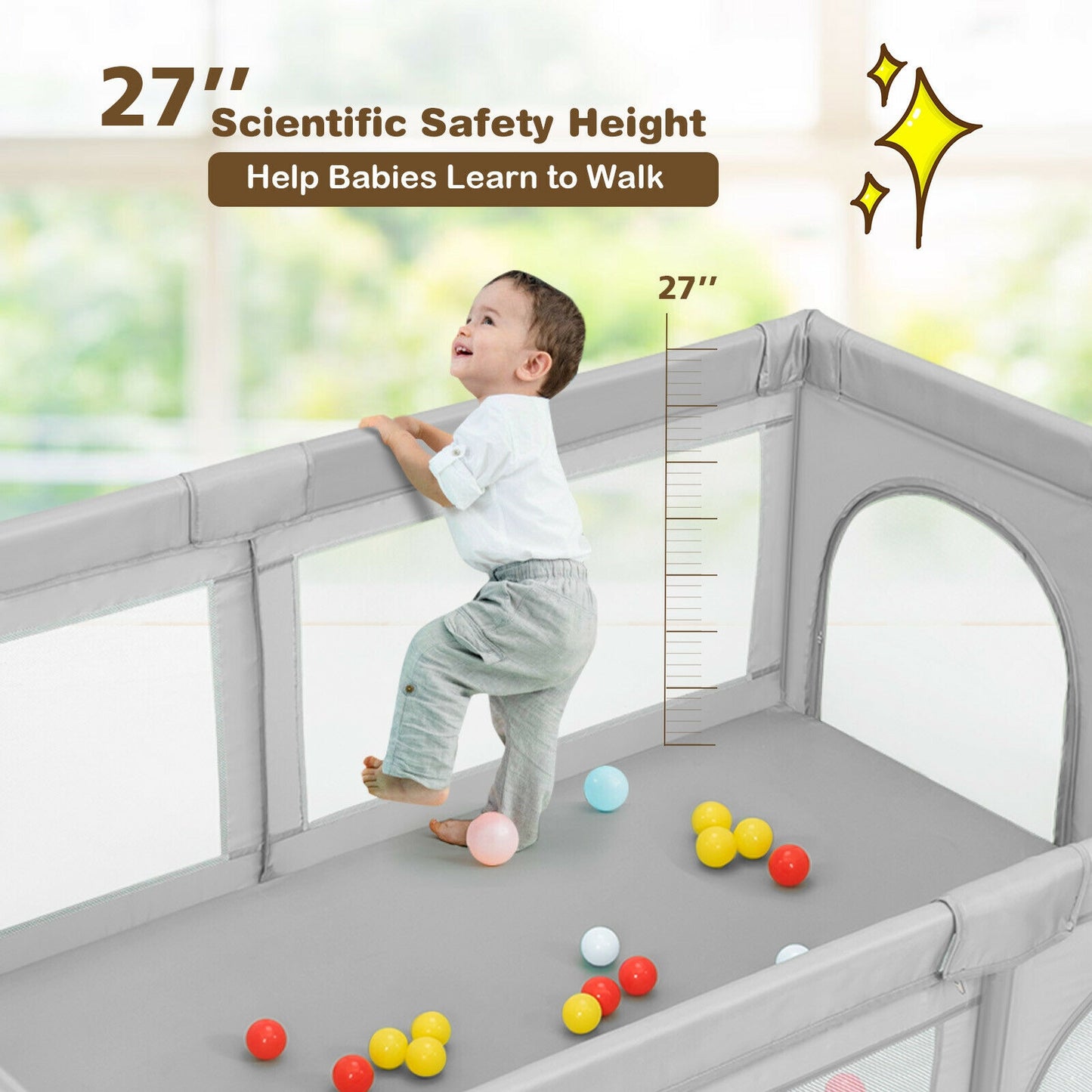 Extra-Large Safety Baby Fence with 50 Ocean Balls-Gray Kids Crystal