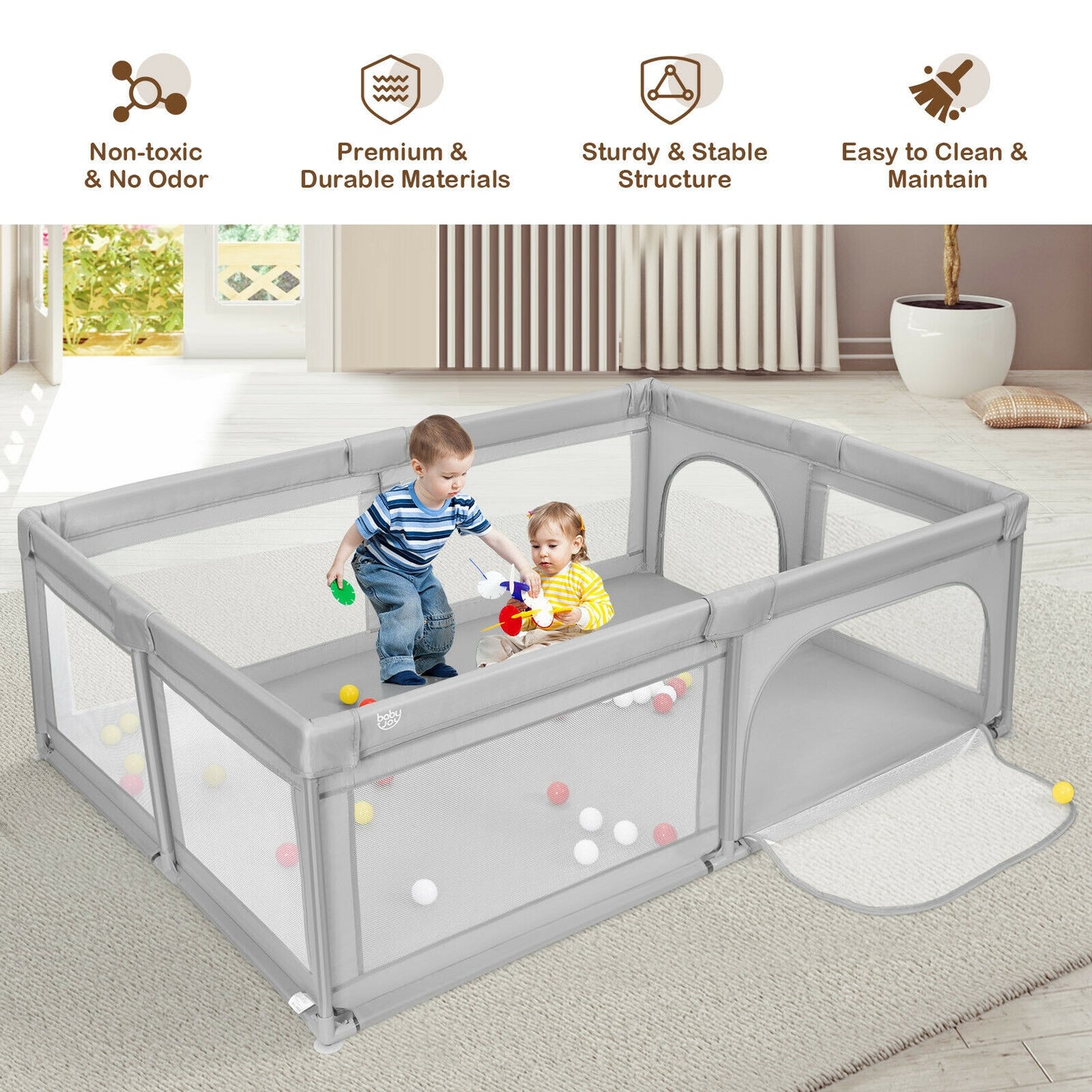 Extra-Large Safety Baby Fence with 50 Ocean Balls-Gray Kids Crystal