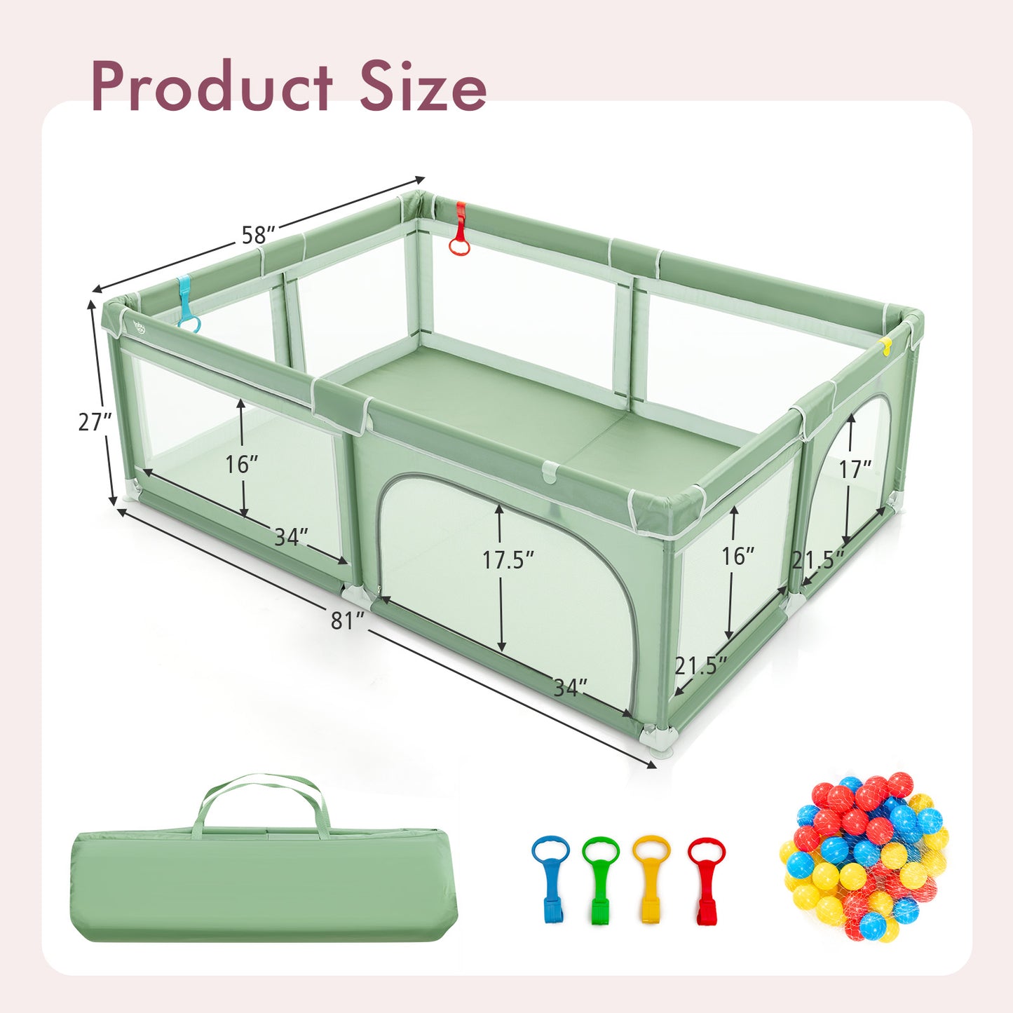 Extra-Large Safety Baby Fence with 50 Ocean Balls-Green Kids Crystal