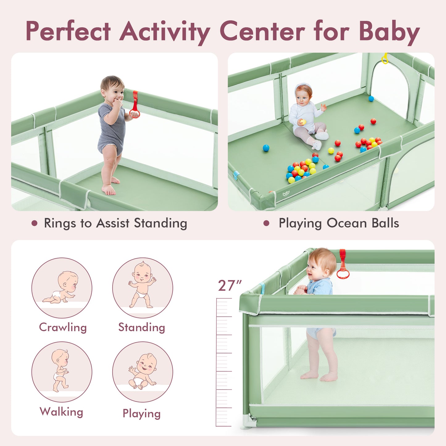 Extra-Large Safety Baby Fence with 50 Ocean Balls-Green Kids Crystal