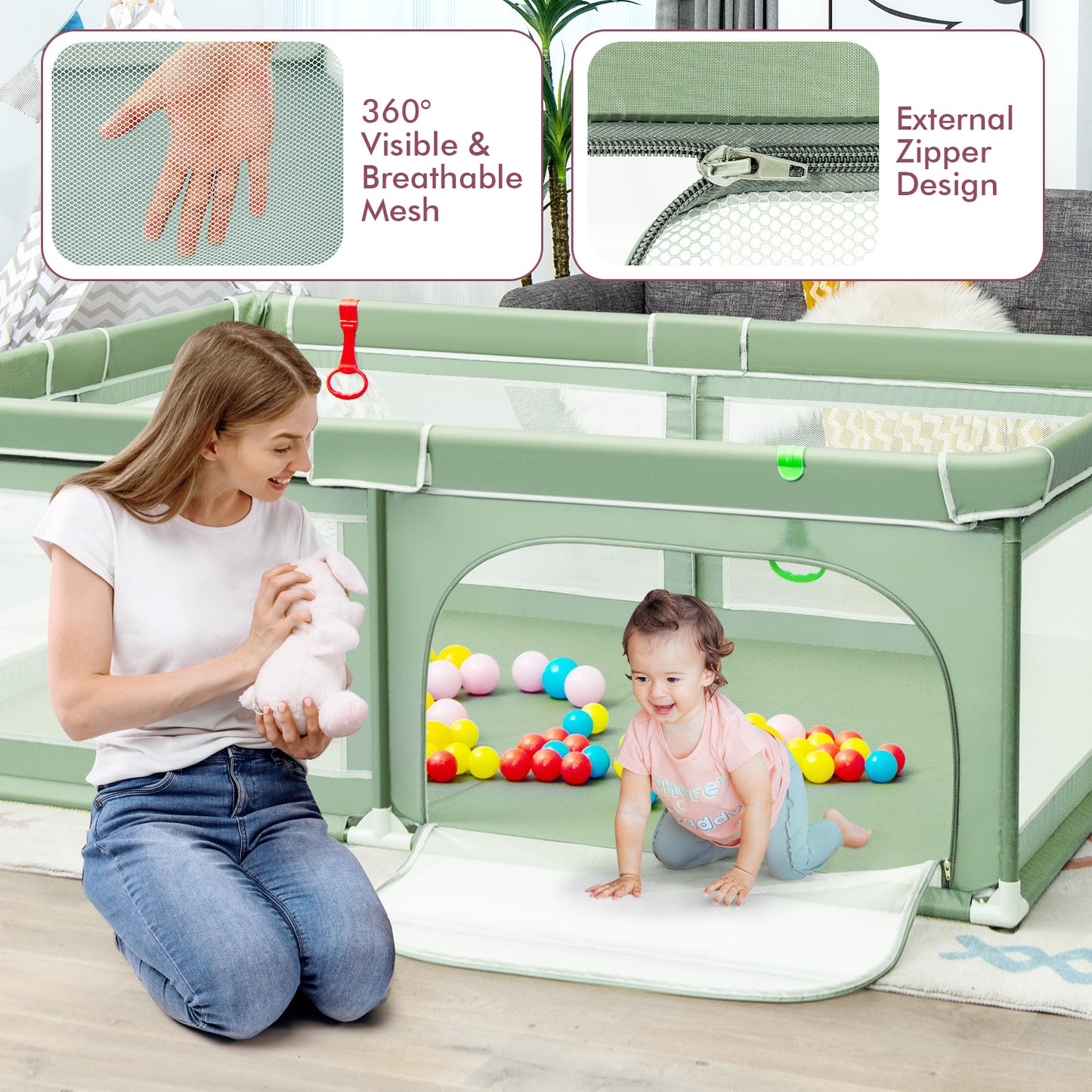 Extra-Large Safety Baby Fence with 50 Ocean Balls-Green Kids Crystal