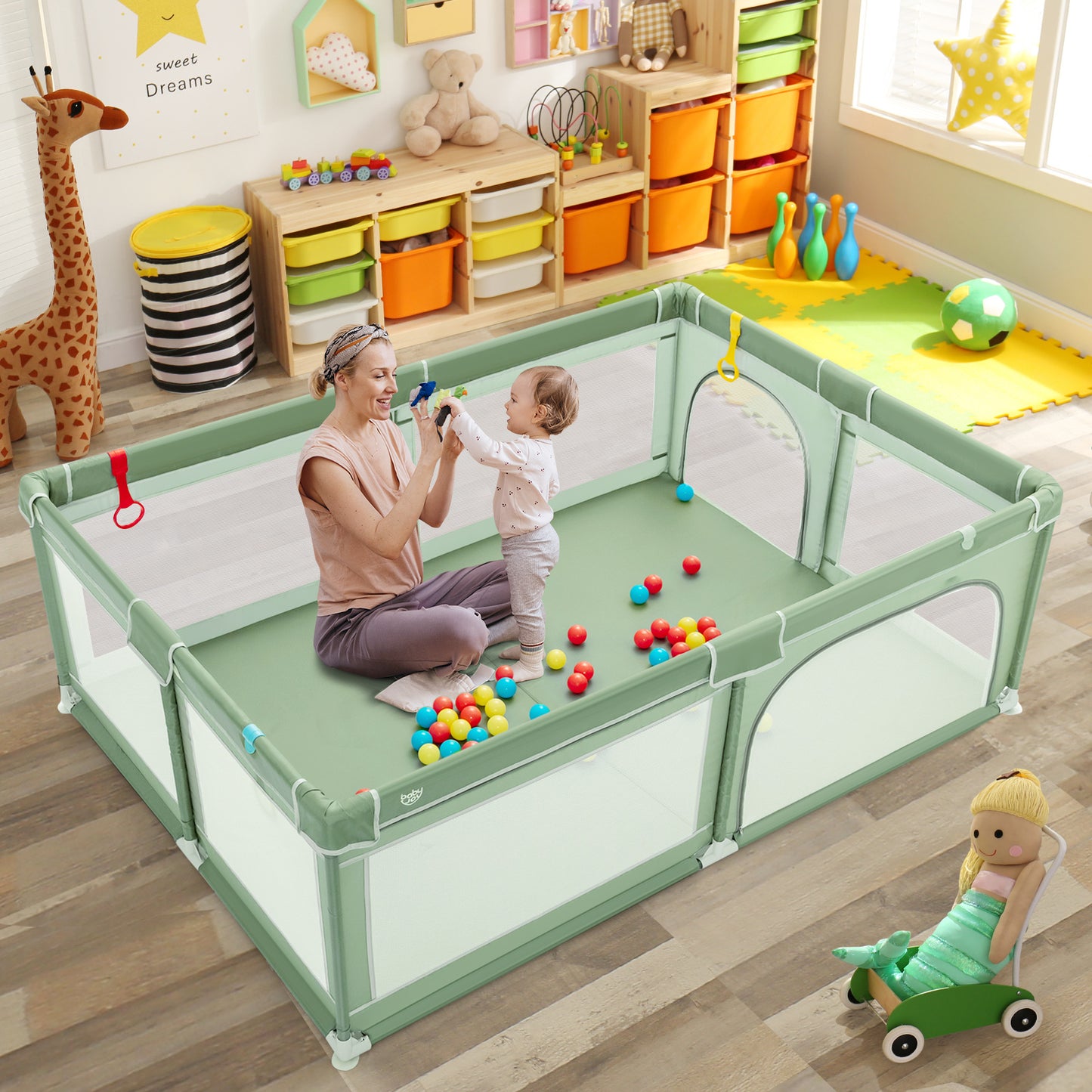 Extra-Large Safety Baby Fence with 50 Ocean Balls-Green Kids Crystal