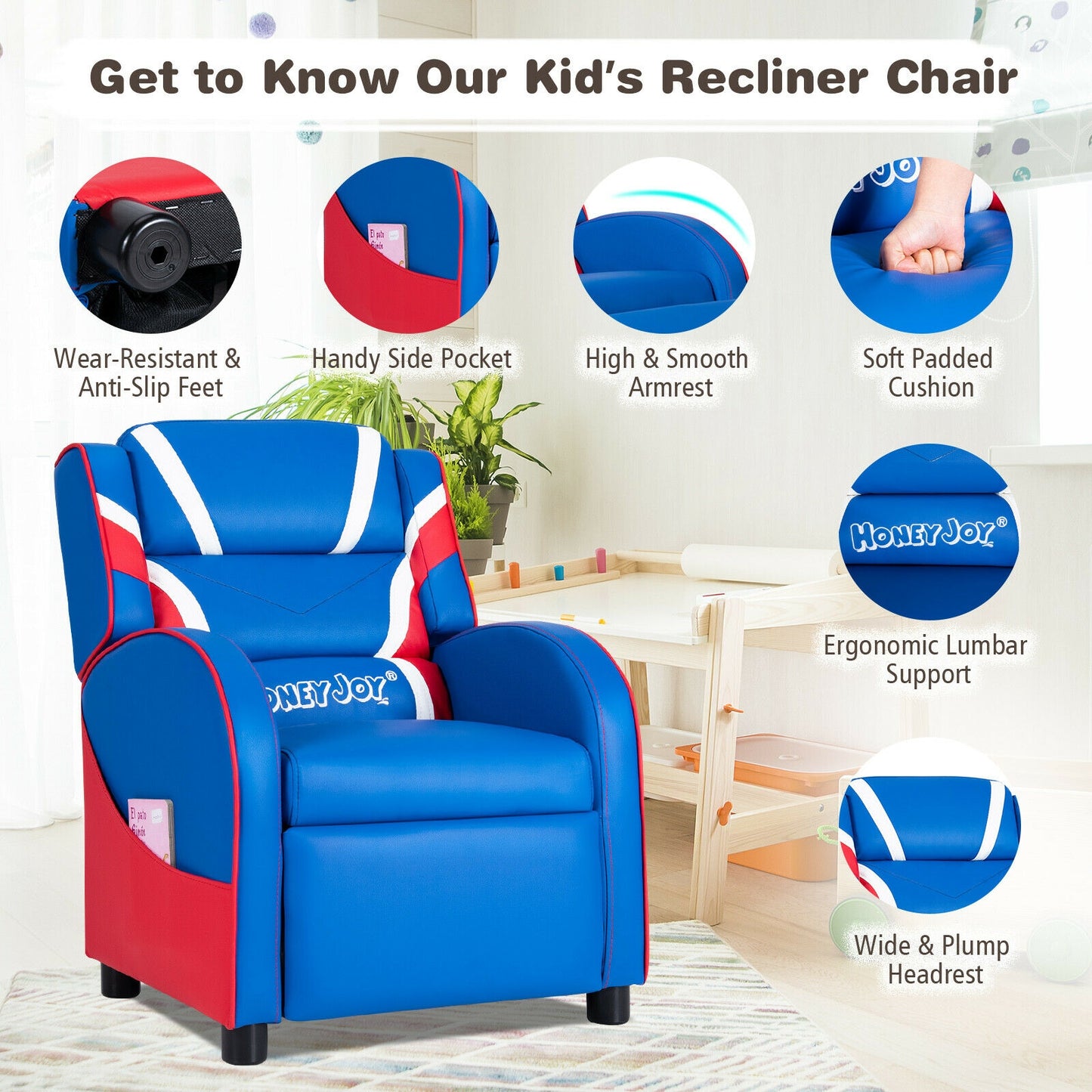 Kids Leather Recliner Chair with Side Pockets-Blue Kids Crystal