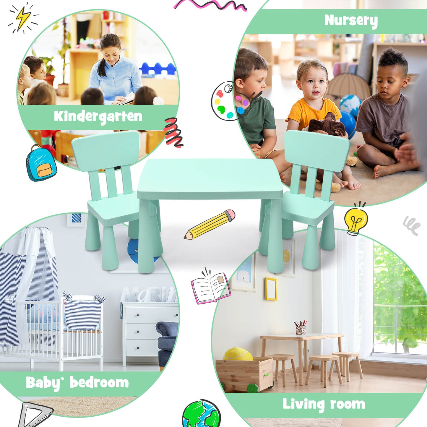 3 Pieces Toddler Multi Activity Play Dining Study Kids Table and Chair Set-Green Kids Crystal