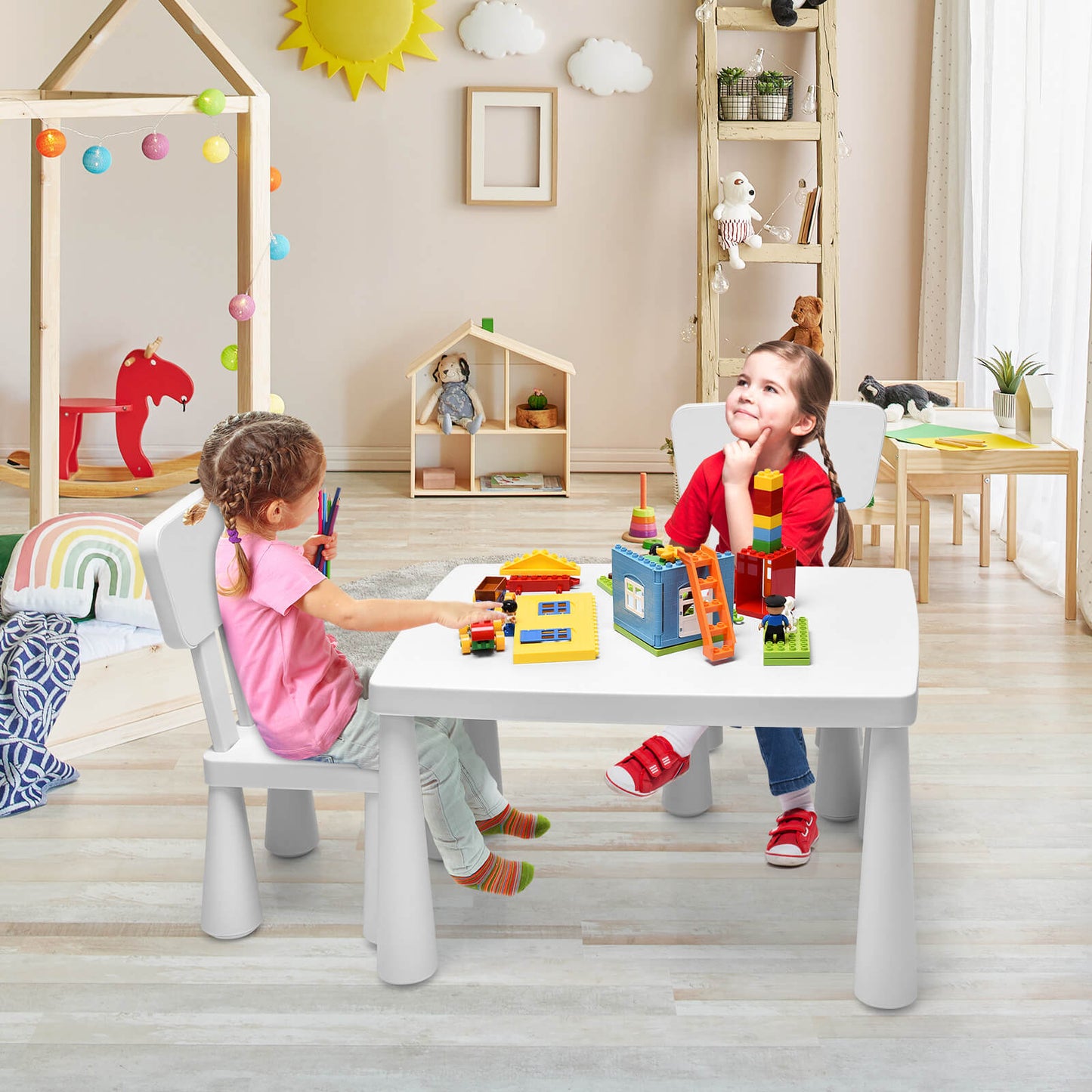 3 Pieces Toddler Multi Activity Play Dining Study Kids Table and Chair Set-White Kids Crystal