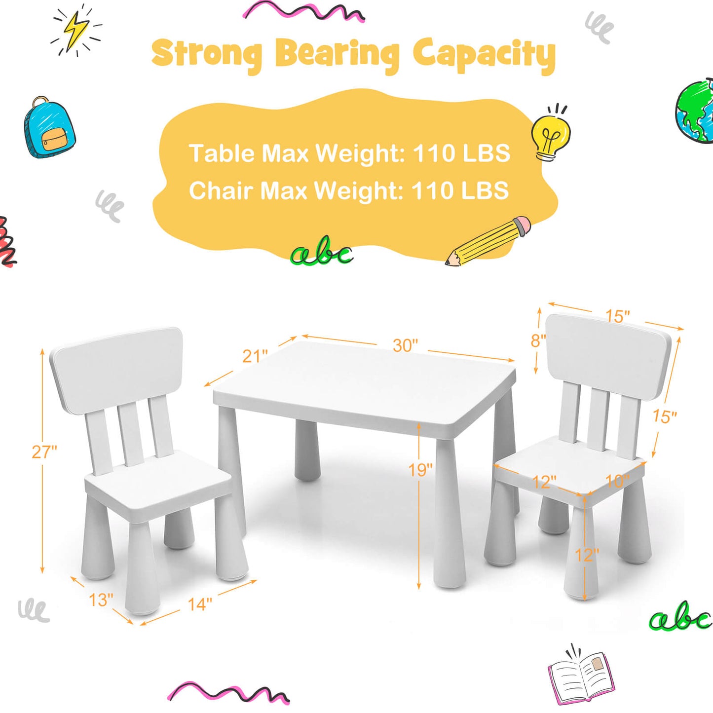 3 Pieces Toddler Multi Activity Play Dining Study Kids Table and Chair Set-White Kids Crystal