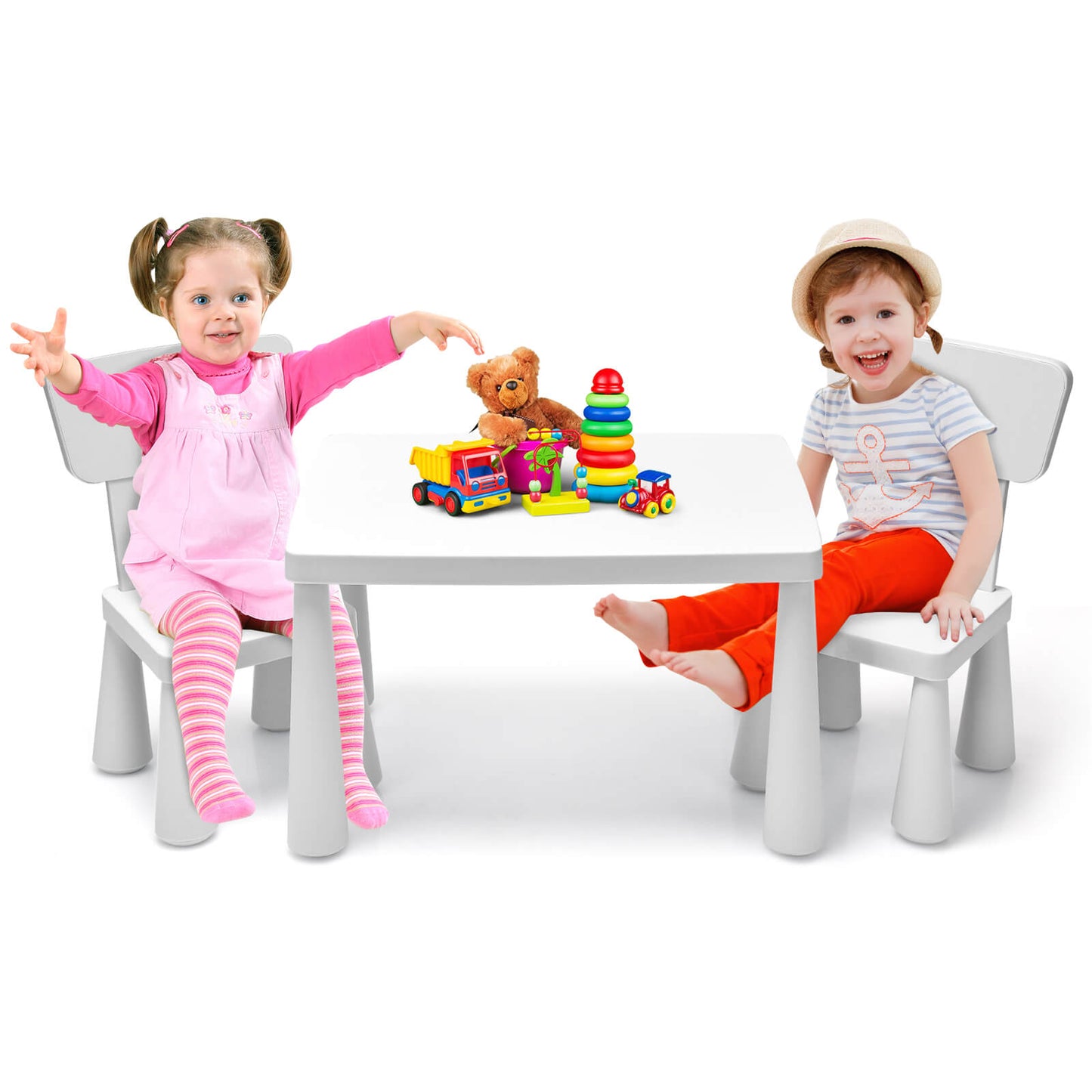 3 Pieces Toddler Multi Activity Play Dining Study Kids Table and Chair Set-White Kids Crystal