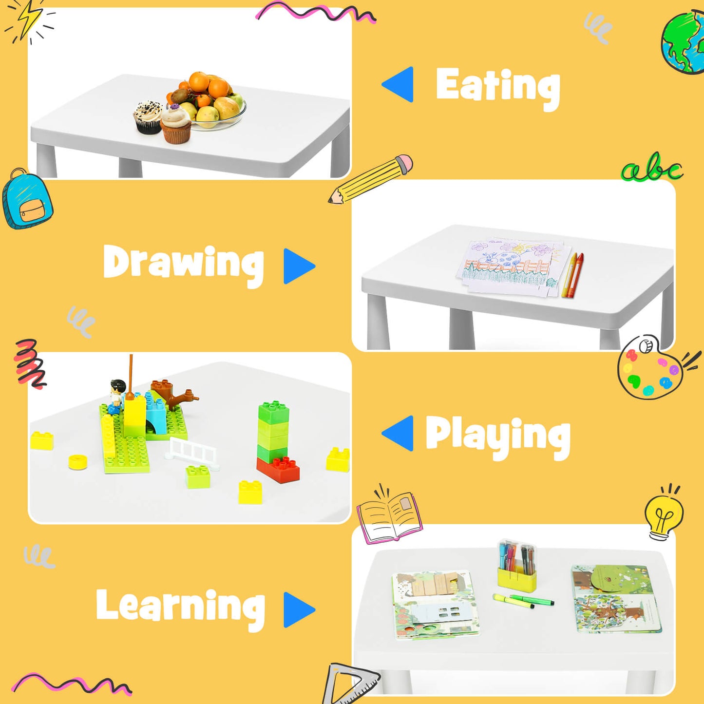 3 Pieces Toddler Multi Activity Play Dining Study Kids Table and Chair Set-White Kids Crystal