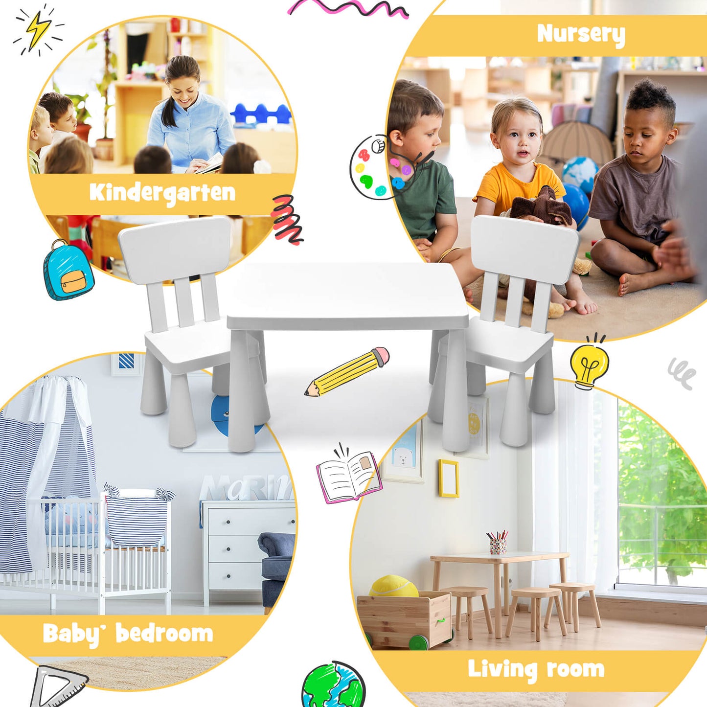 3 Pieces Toddler Multi Activity Play Dining Study Kids Table and Chair Set-White Kids Crystal
