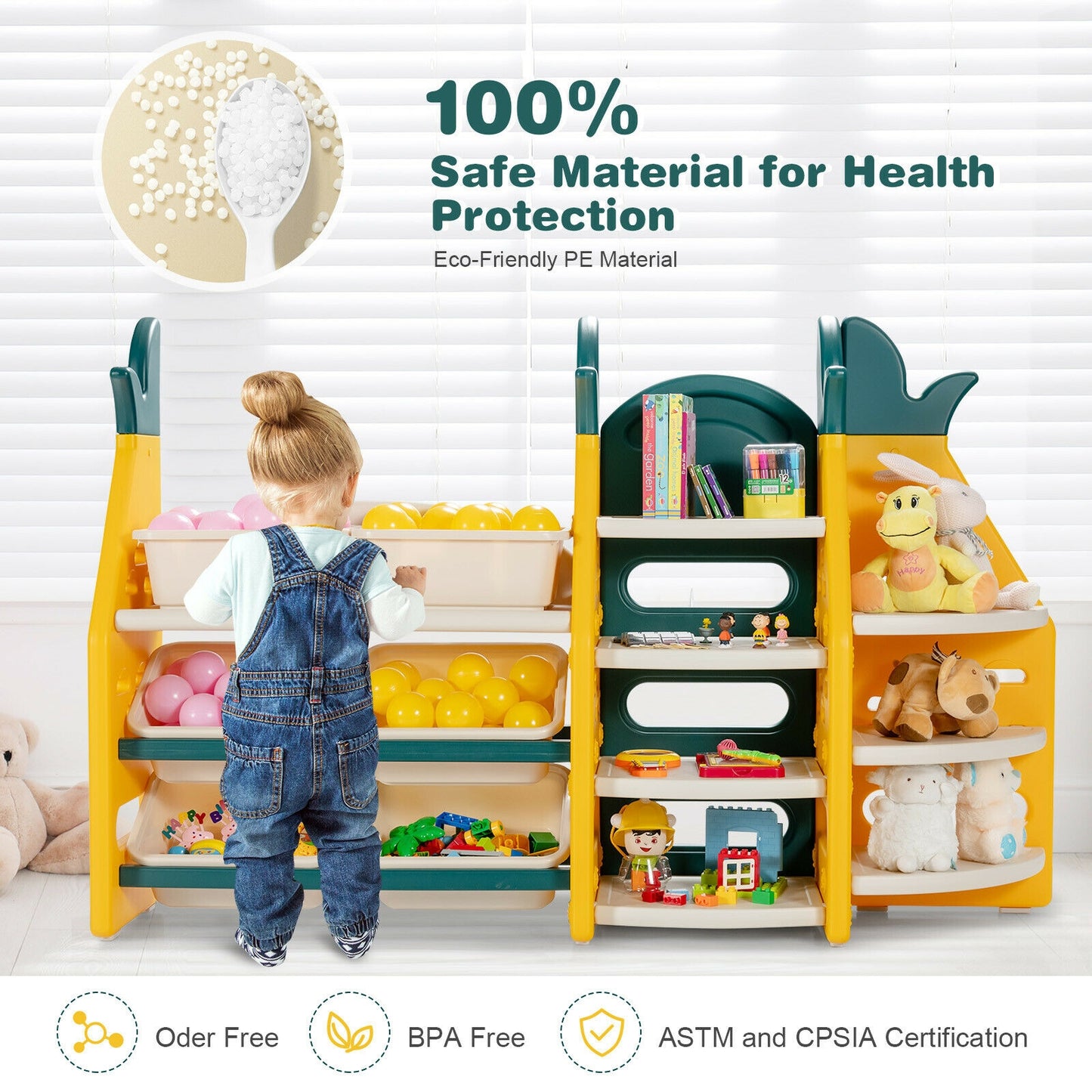 3-in-1 Kids Toy Storage Organizer with Bookshelf Corner Rack Kids Crystal
