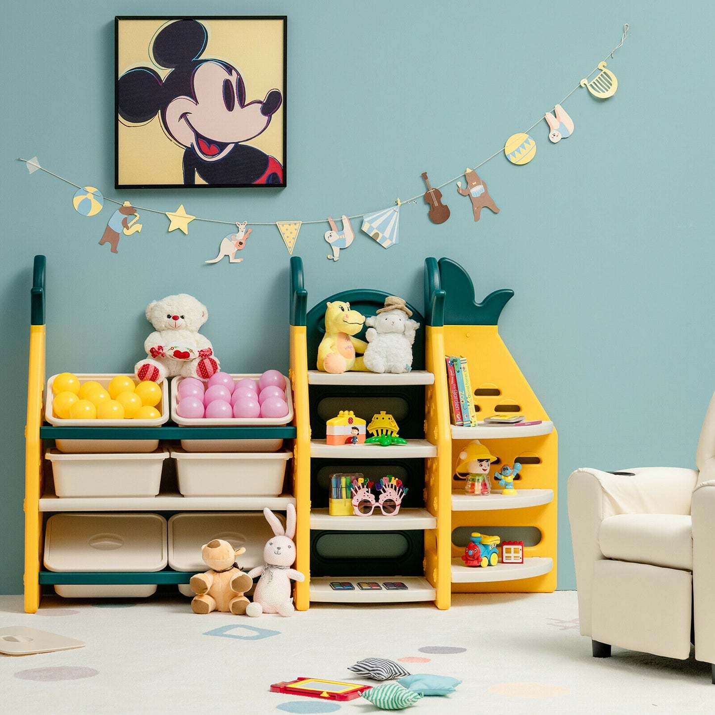 3-in-1 Kids Toy Storage Organizer with Bookshelf Corner Rack Kids Crystal