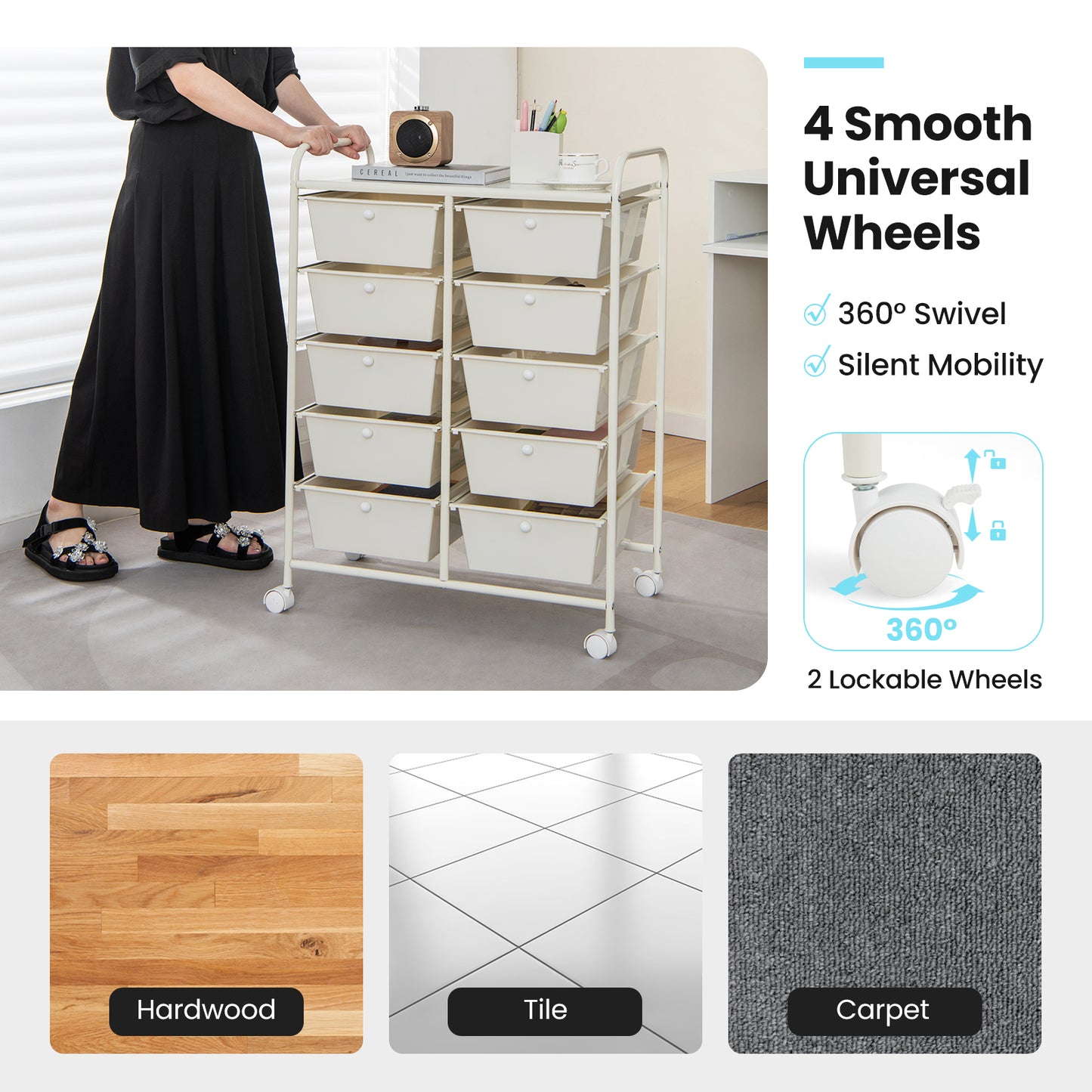 10-Drawer Rolling Storage Cart-White Kids Crystal