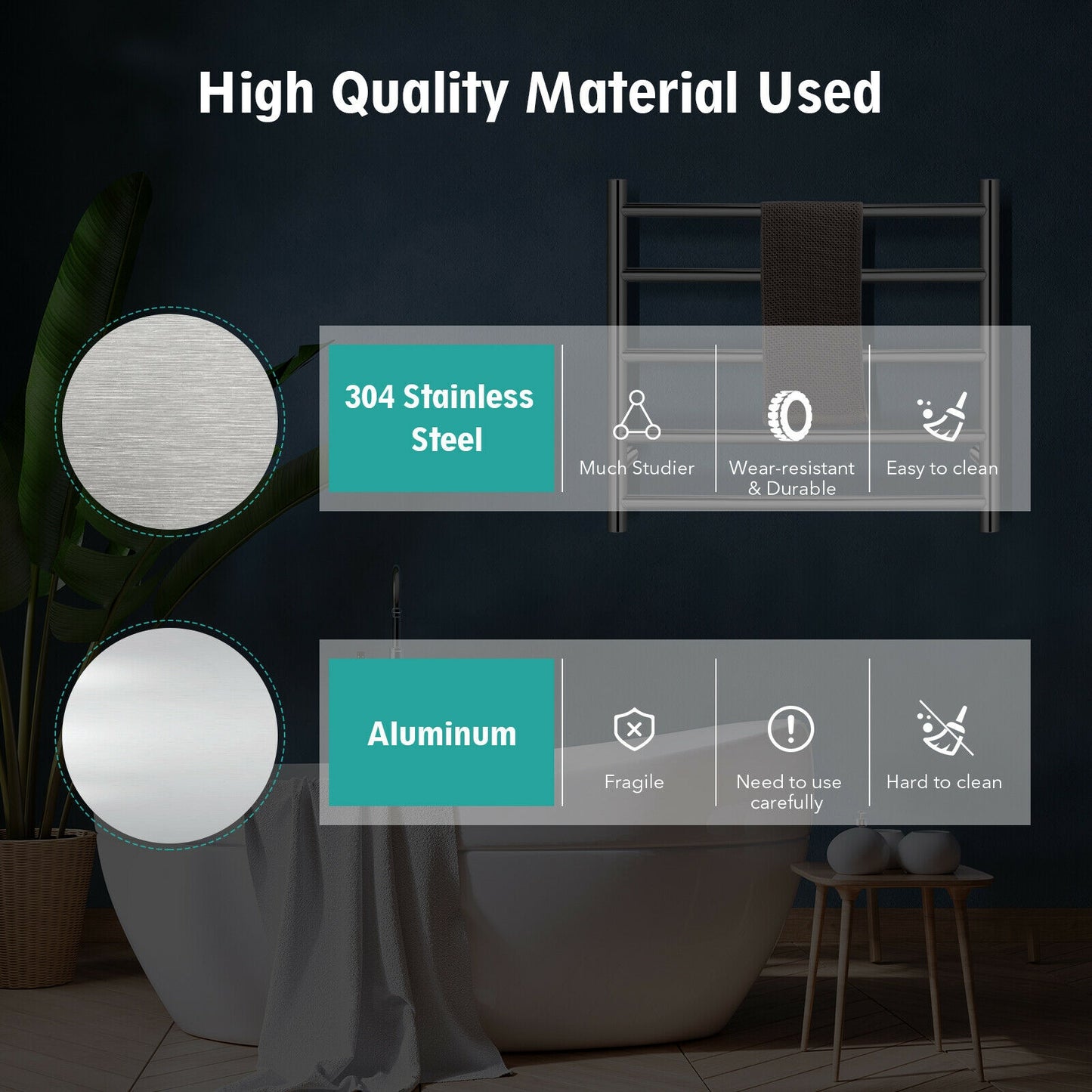 145W Electric Towel Warmer Wall Mounted Heated Drying Rack 8 Square Bars Kids Crystal