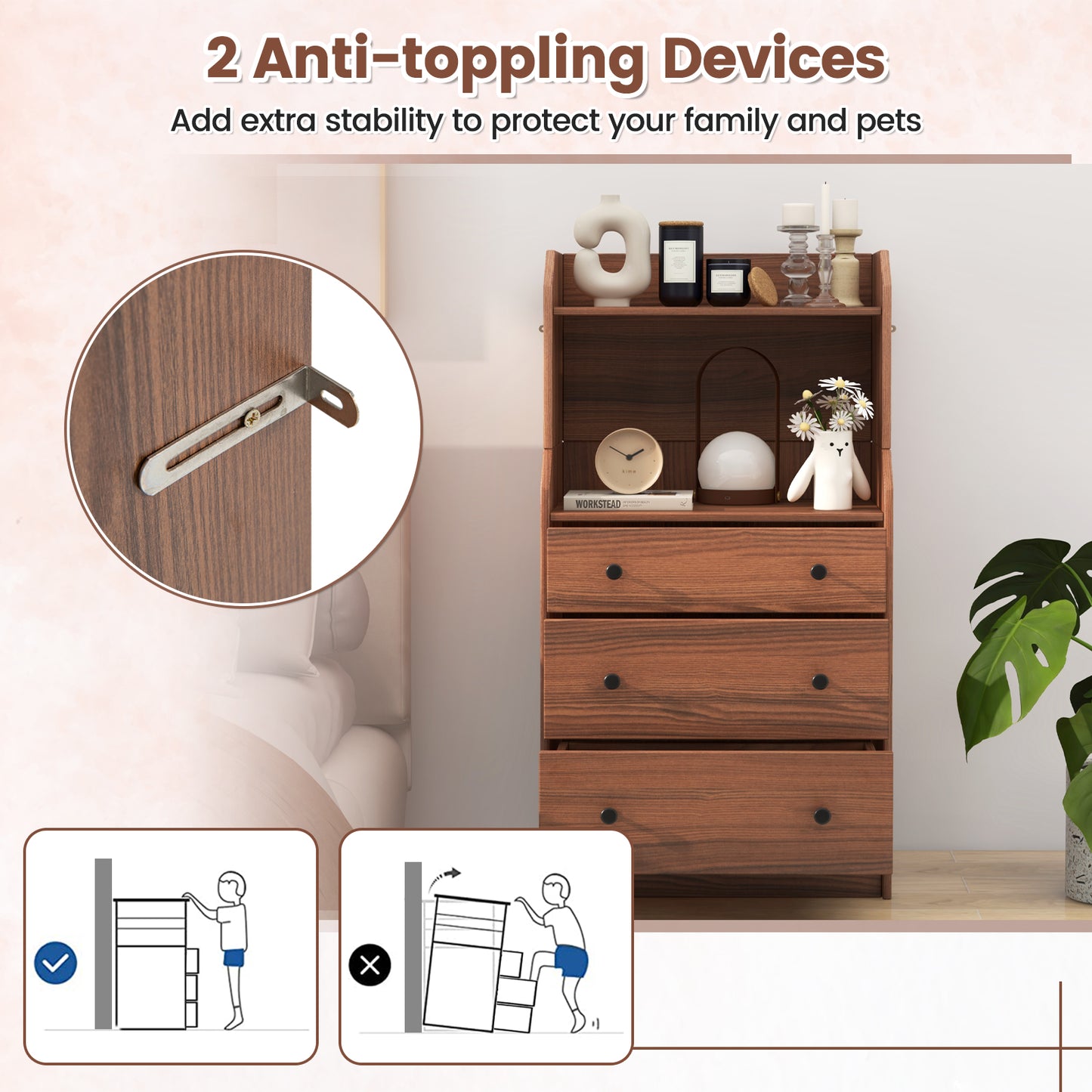 Modern Storage Dresser with Anti-toppling Device-Walnut Kids Crystal