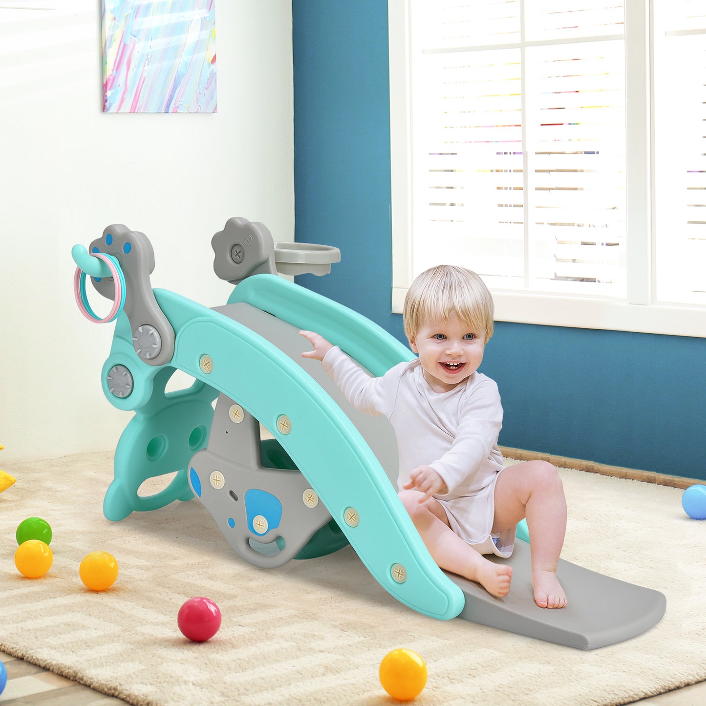 4-in-1 Toddler Slide and Rocking Horse Playset with Basketball Hoop-Blue Kids Crystal