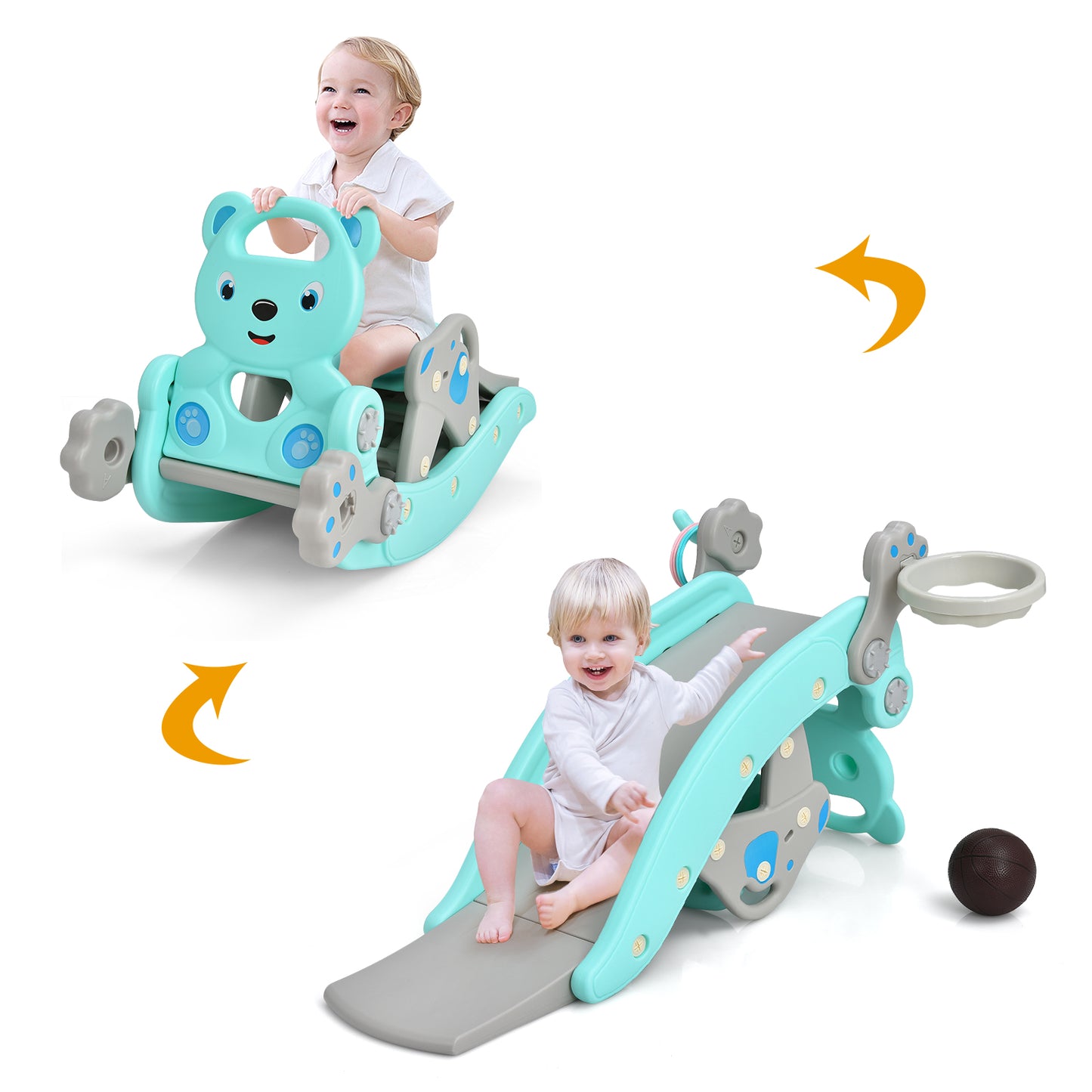 4-in-1 Toddler Slide and Rocking Horse Playset with Basketball Hoop-Blue Kids Crystal