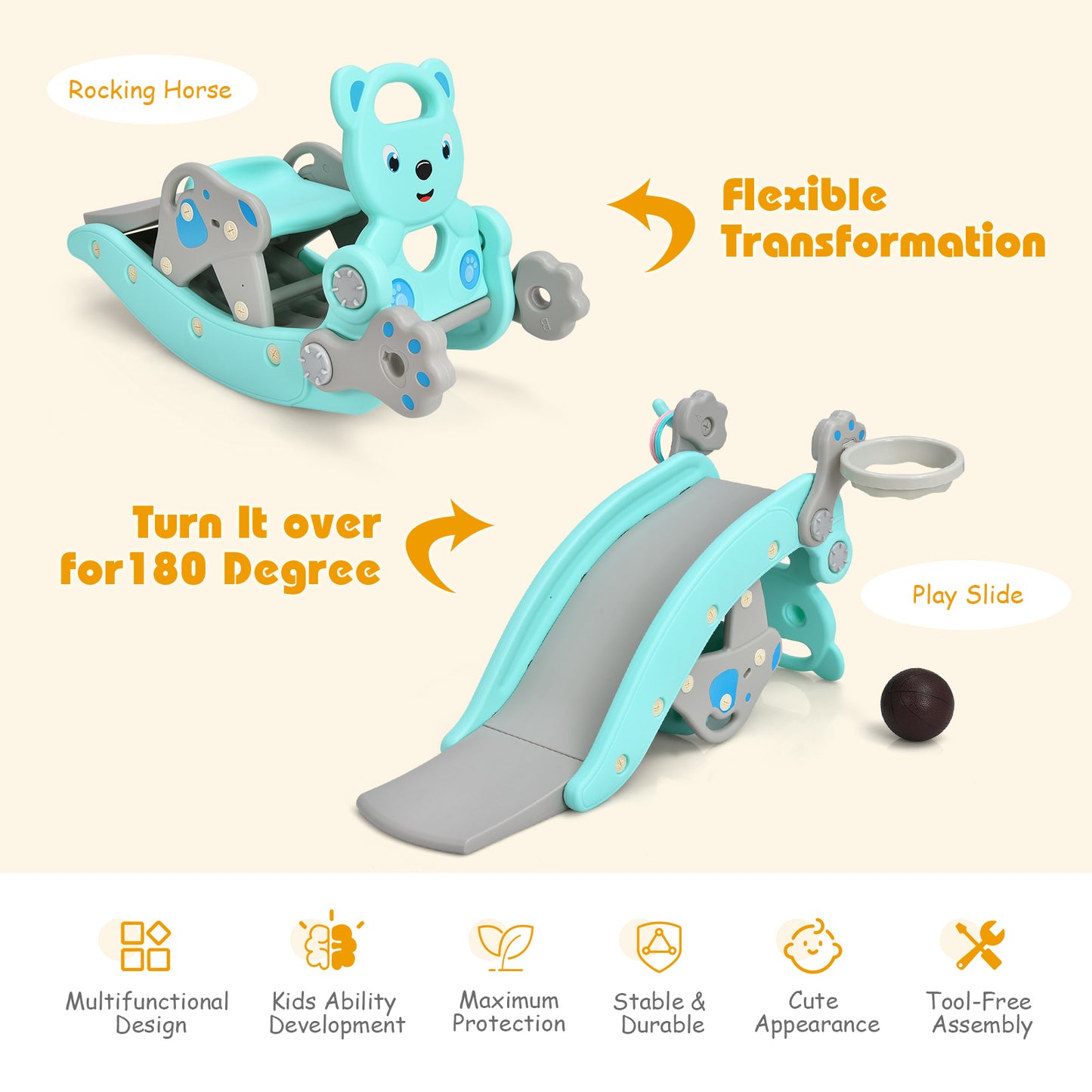 4-in-1 Toddler Slide and Rocking Horse Playset with Basketball Hoop-Blue Kids Crystal