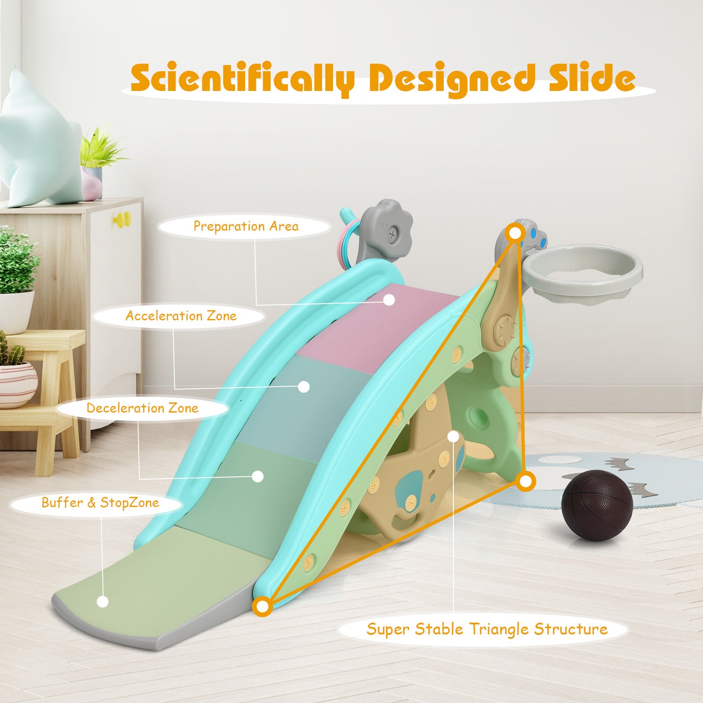 4-in-1 Toddler Slide and Rocking Horse Playset with Basketball Hoop-Blue Kids Crystal