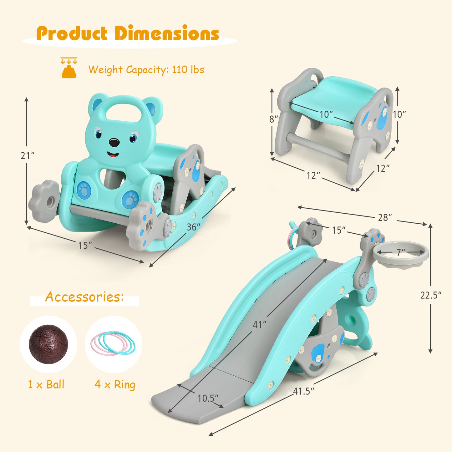 4-in-1 Toddler Slide and Rocking Horse Playset with Basketball Hoop-Blue Kids Crystal
