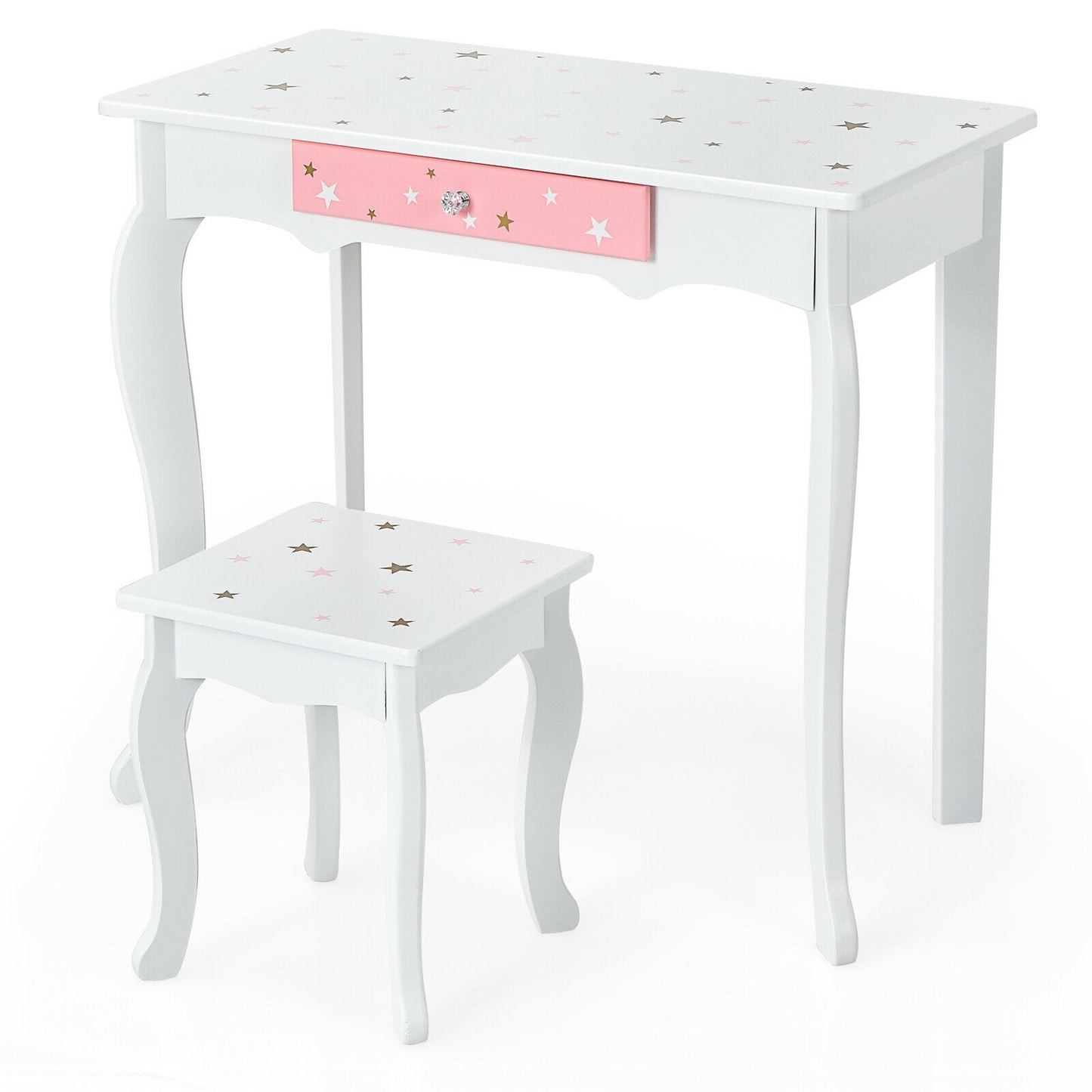 Kids Princess Vanity Table and Stool Set with Tri-folding Mirror and Drawer-White Kids Crystal