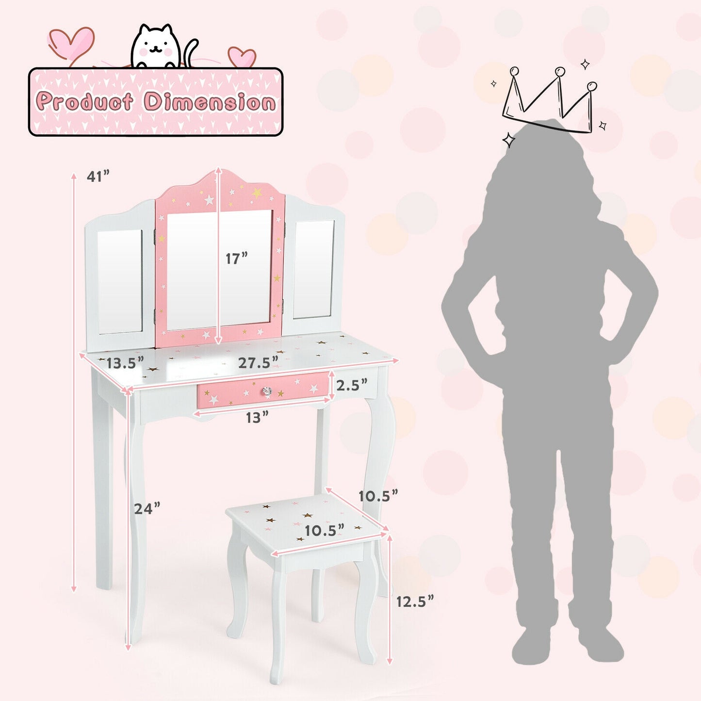 Kids Princess Vanity Table and Stool Set with Tri-folding Mirror and Drawer-White Kids Crystal