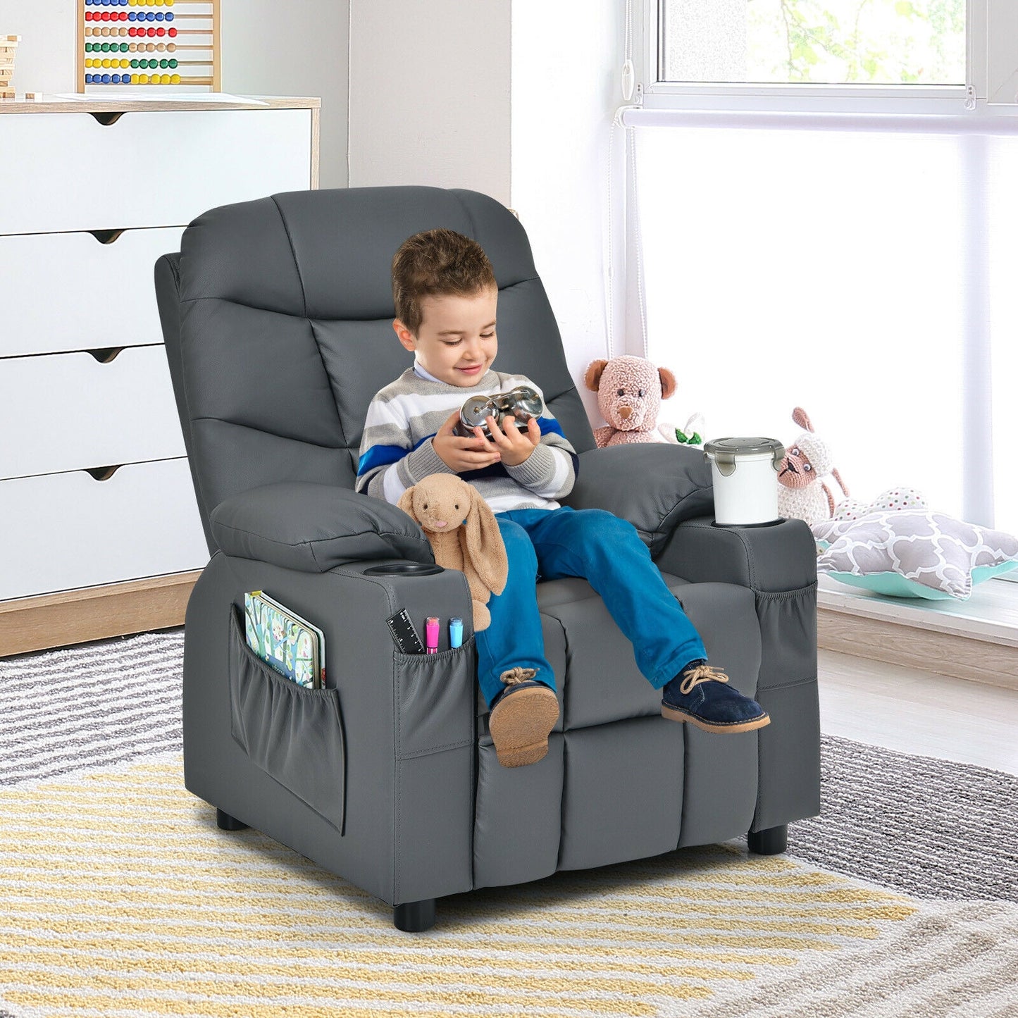 Kids Recliner Chair with Cup Holder and Footrest for Children-Gray Kids Crystal