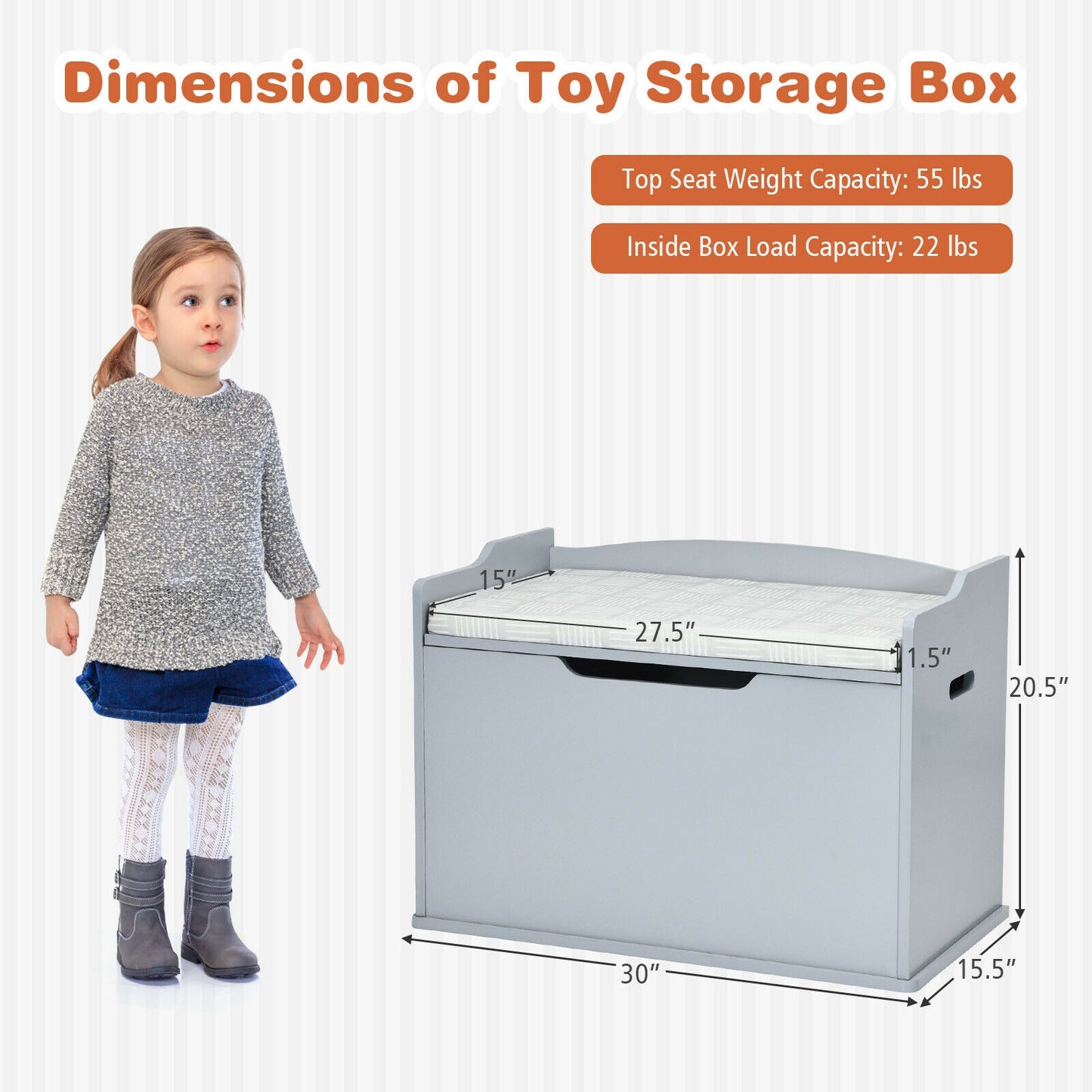 Kids Toy Wooden Flip-top Storage Box Chest Bench with Cushion Hinge-Gray Kids Crystal