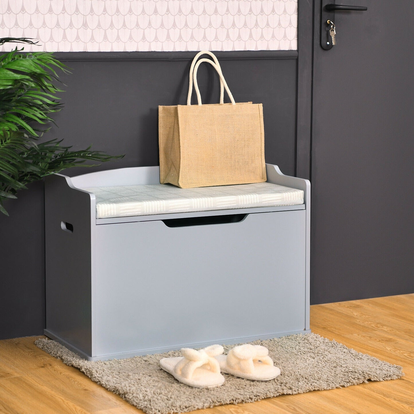 Kids Toy Wooden Flip-top Storage Box Chest Bench with Cushion Hinge-Gray Kids Crystal