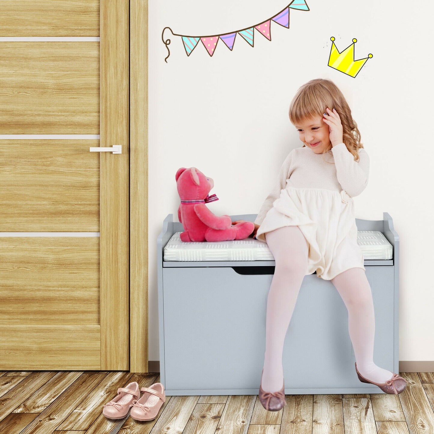 Kids Toy Wooden Flip-top Storage Box Chest Bench with Cushion Hinge-Gray Kids Crystal