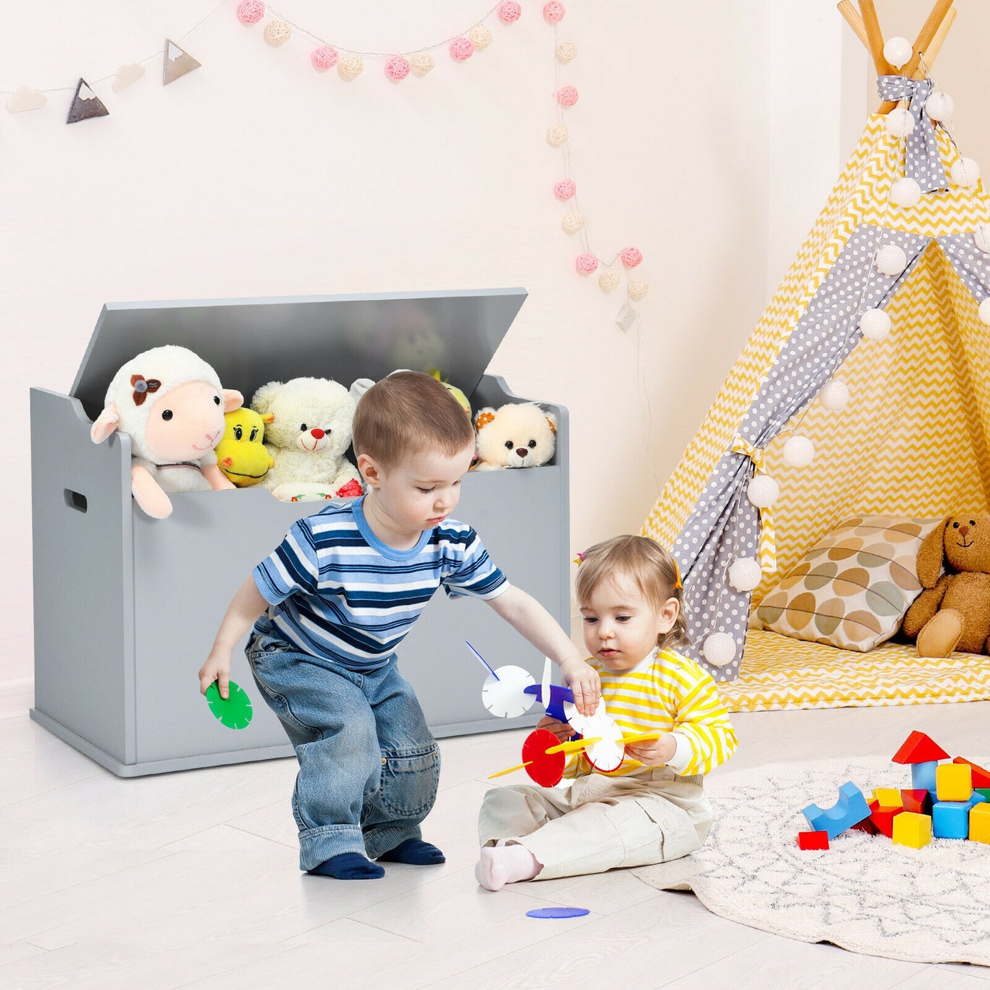 Kids Toy Wooden Flip-top Storage Box Chest Bench with Cushion Hinge-Gray Kids Crystal