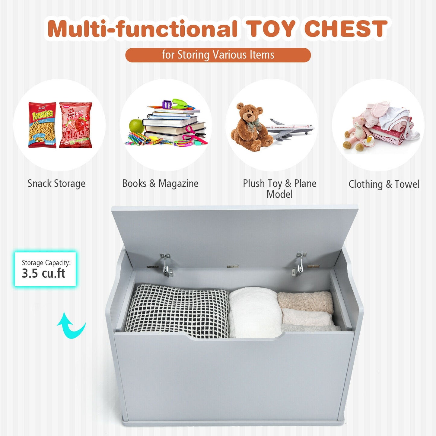 Kids Toy Wooden Flip-top Storage Box Chest Bench with Cushion Hinge-Gray Kids Crystal