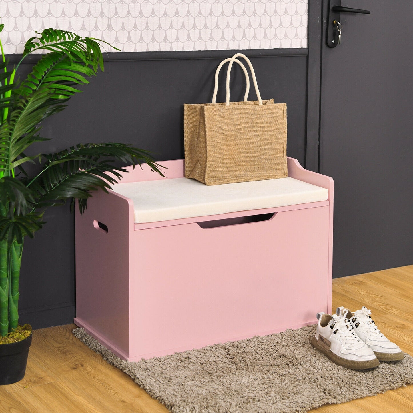 Kids Toy Wooden Flip-top Storage Box Chest Bench with Cushion Hinge-Pink Kids Crystal