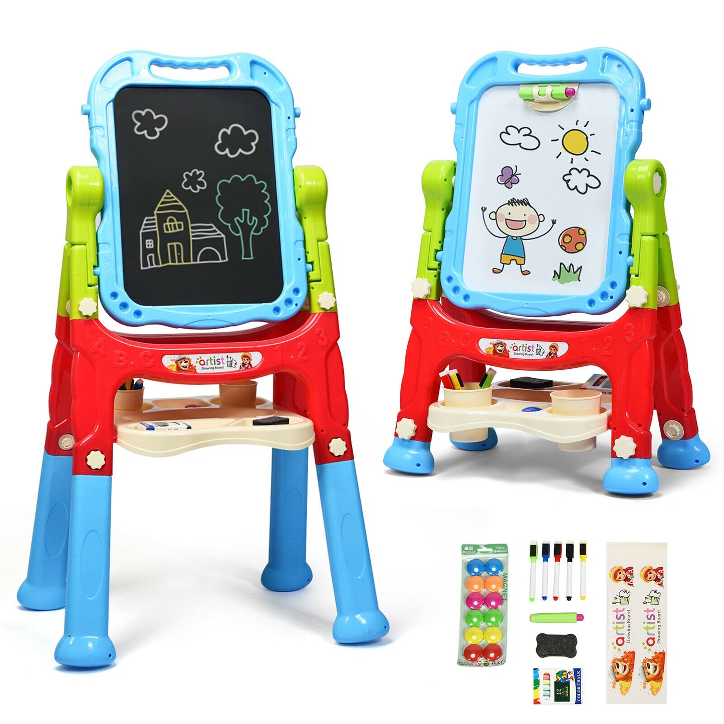 Height Adjustable Kids Art Easel Magnetic Double Sided Board-Blue Kids Crystal