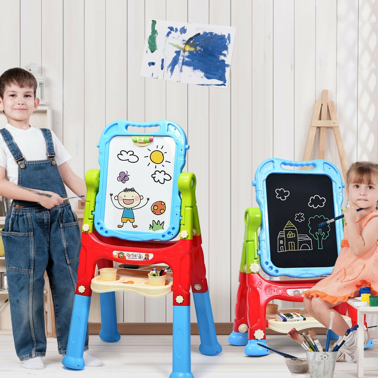 Height Adjustable Kids Art Easel Magnetic Double Sided Board-Blue Kids Crystal