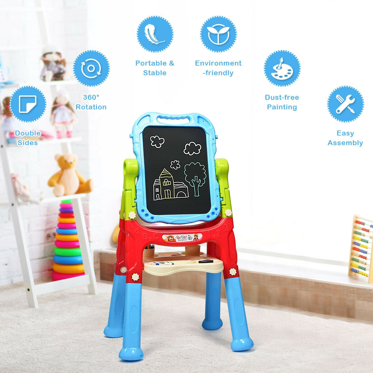 Height Adjustable Kids Art Easel Magnetic Double Sided Board-Blue Kids Crystal