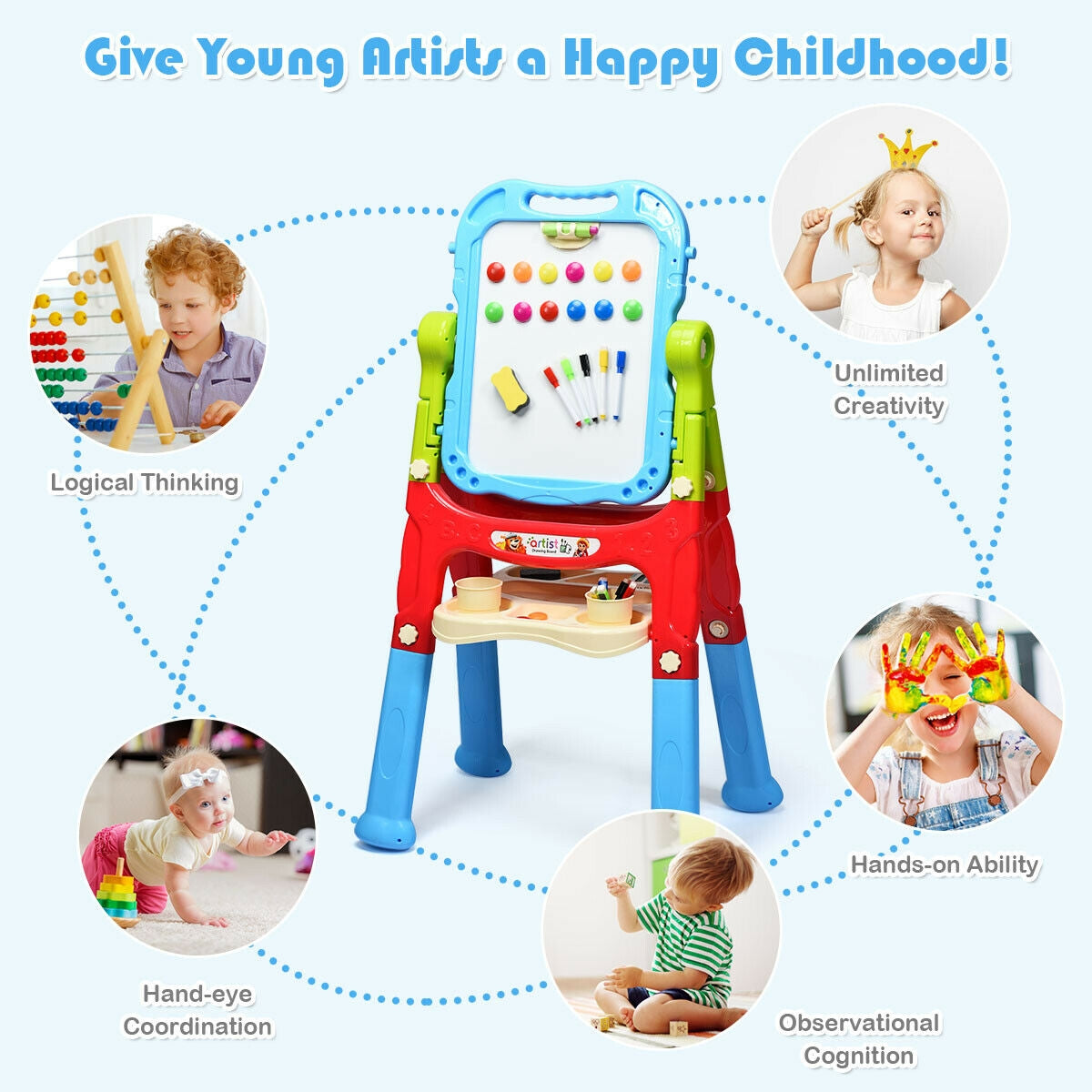 Height Adjustable Kids Art Easel Magnetic Double Sided Board-Blue Kids Crystal