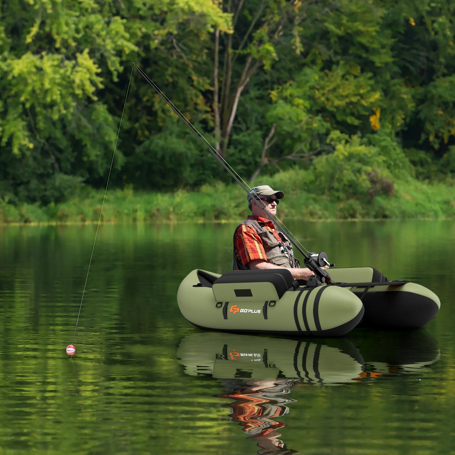Inflatable Fishing Float Tube with Storage Pockets and Fish Ruler-Green Kids Crystal