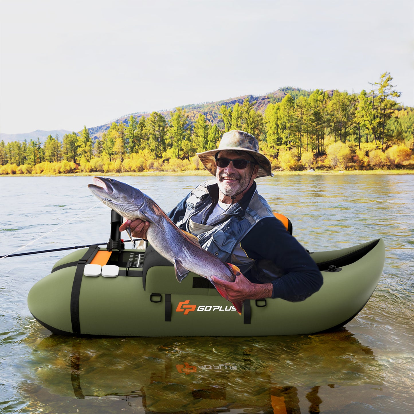 Inflatable Fishing Float Tube with Storage Pockets and Fish Ruler-Green Kids Crystal