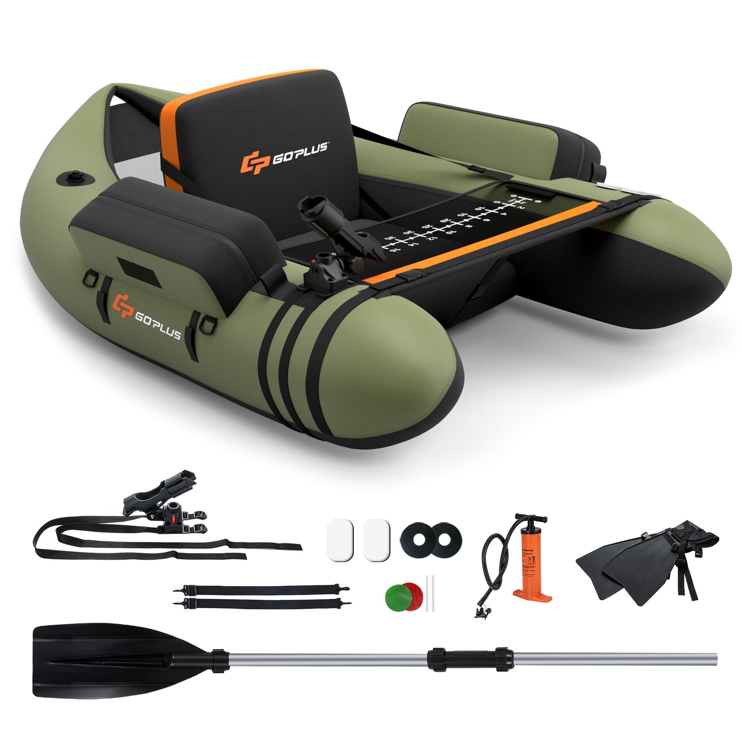 Inflatable Fishing Float Tube with Storage Pockets and Fish Ruler-Green Kids Crystal