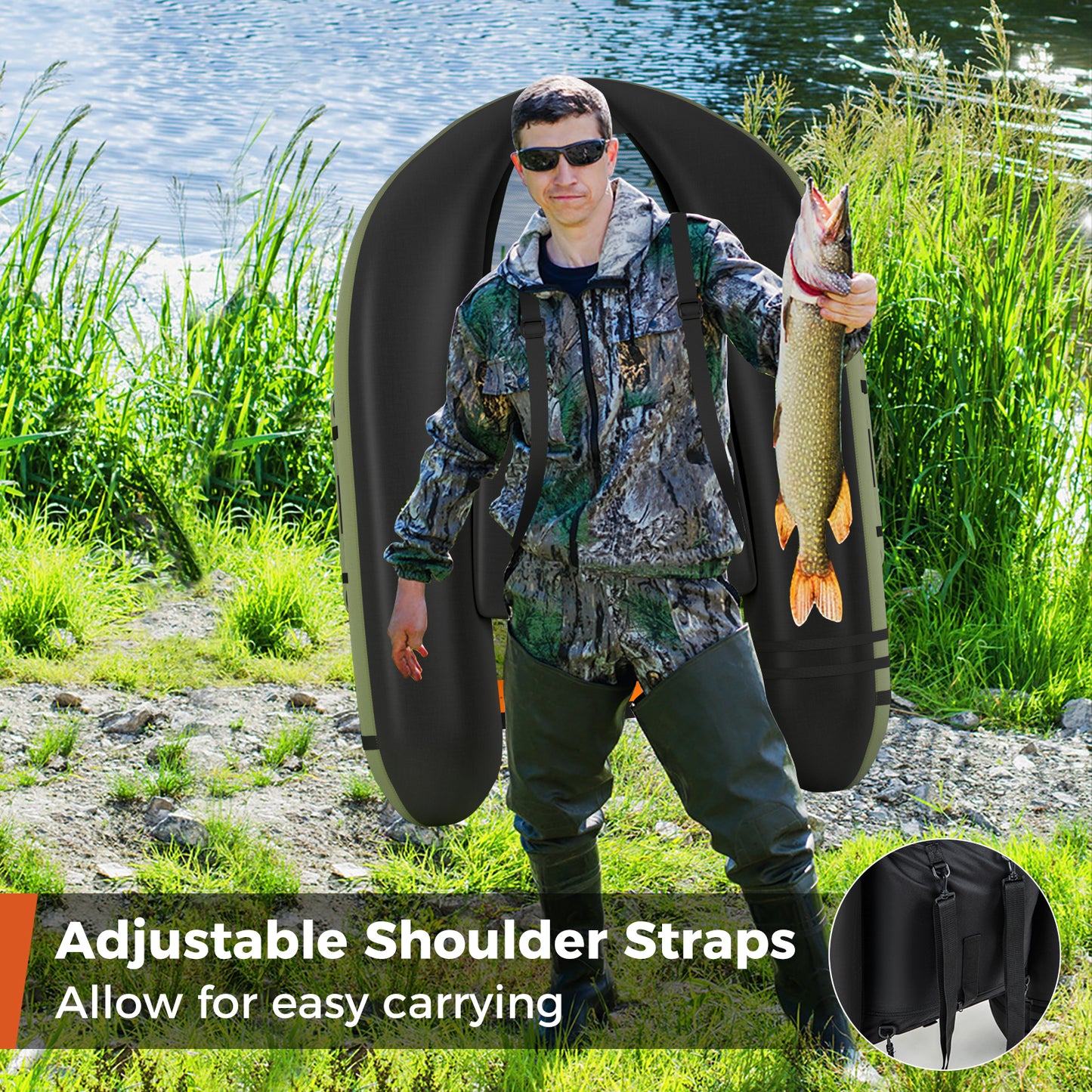 Inflatable Fishing Float Tube with Storage Pockets and Fish Ruler-Green Kids Crystal