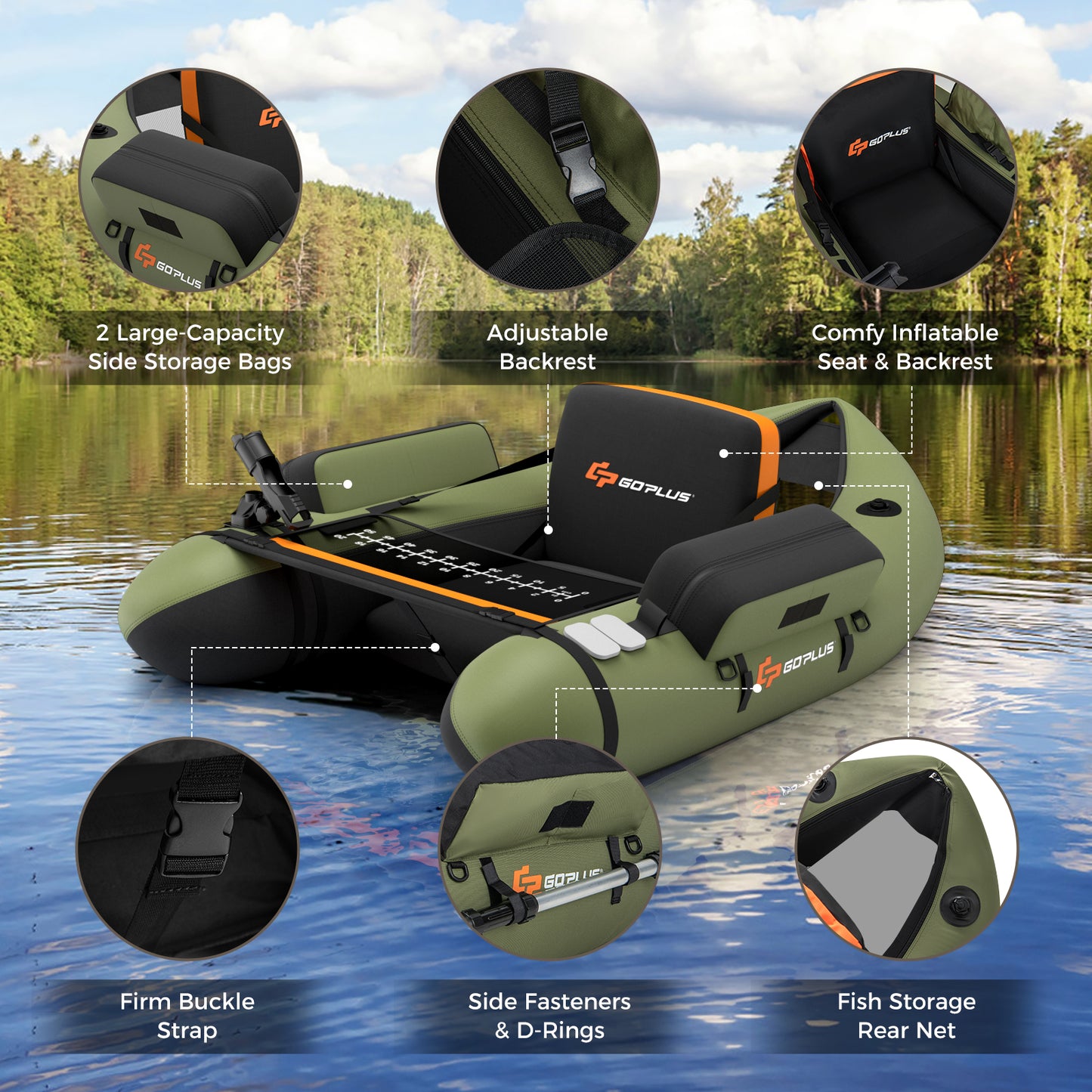 Inflatable Fishing Float Tube with Storage Pockets and Fish Ruler-Green Kids Crystal