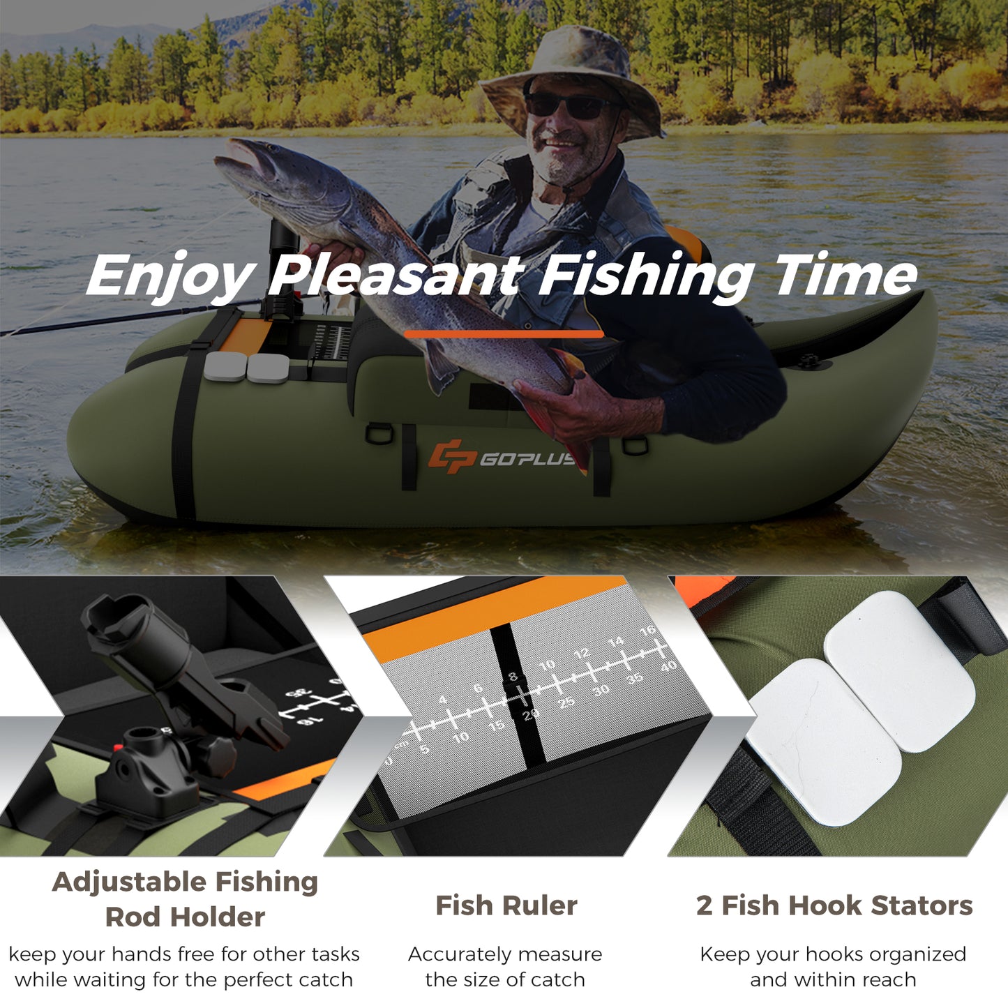 Inflatable Fishing Float Tube with Storage Pockets and Fish Ruler-Green Kids Crystal