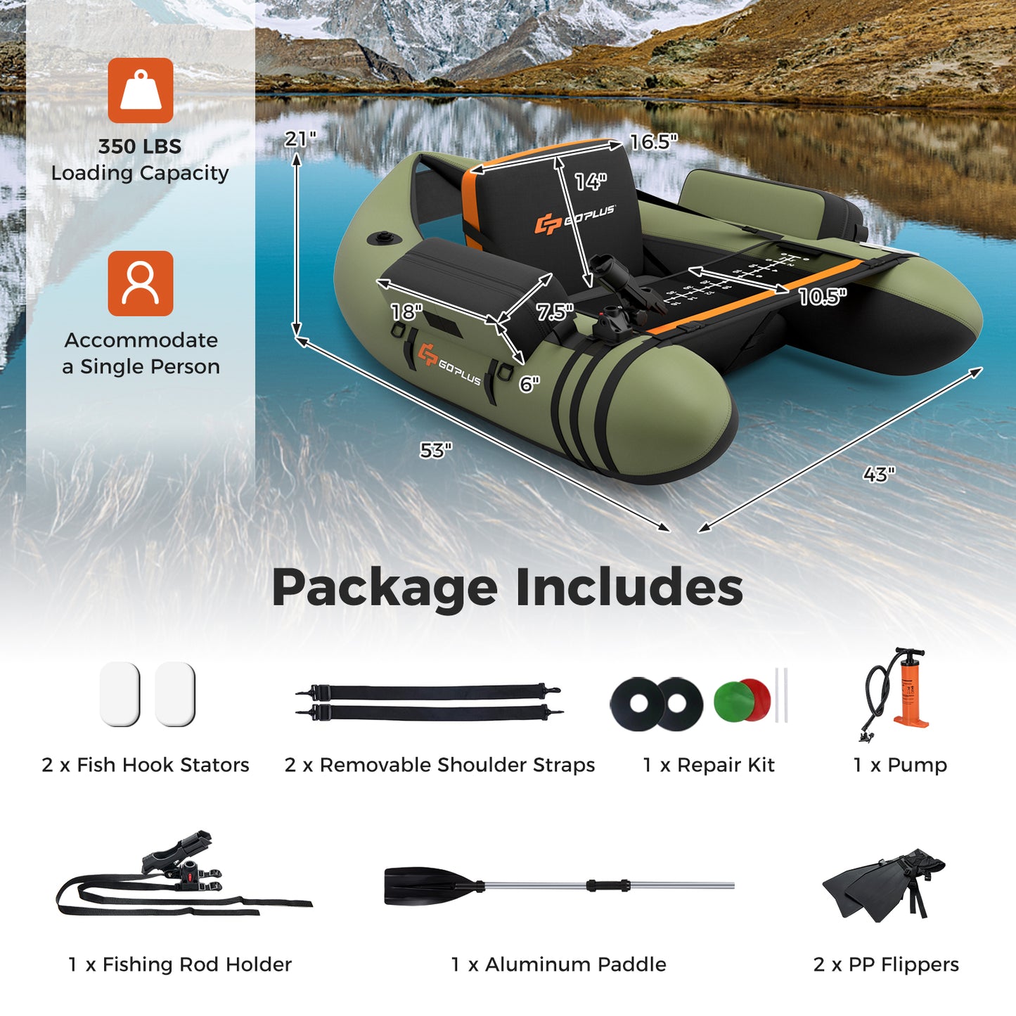 Inflatable Fishing Float Tube with Storage Pockets and Fish Ruler-Green Kids Crystal