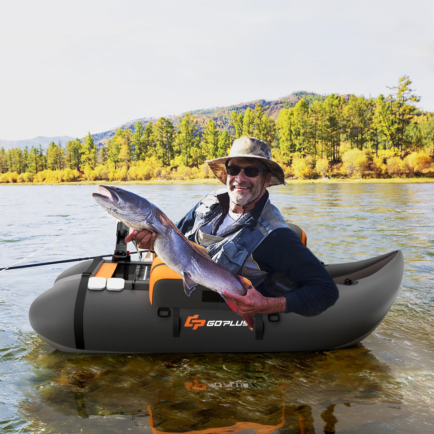 Inflatable Fishing Float Tube with Fish Ruler and Pump Storage Pockets-Gray Kids Crystal