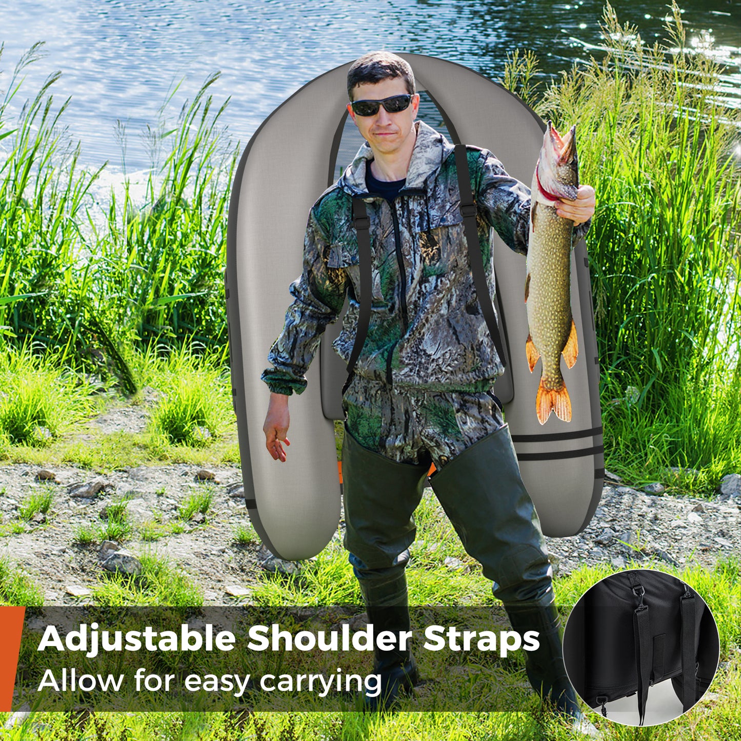 Inflatable Fishing Float Tube with Fish Ruler and Pump Storage Pockets-Gray Kids Crystal