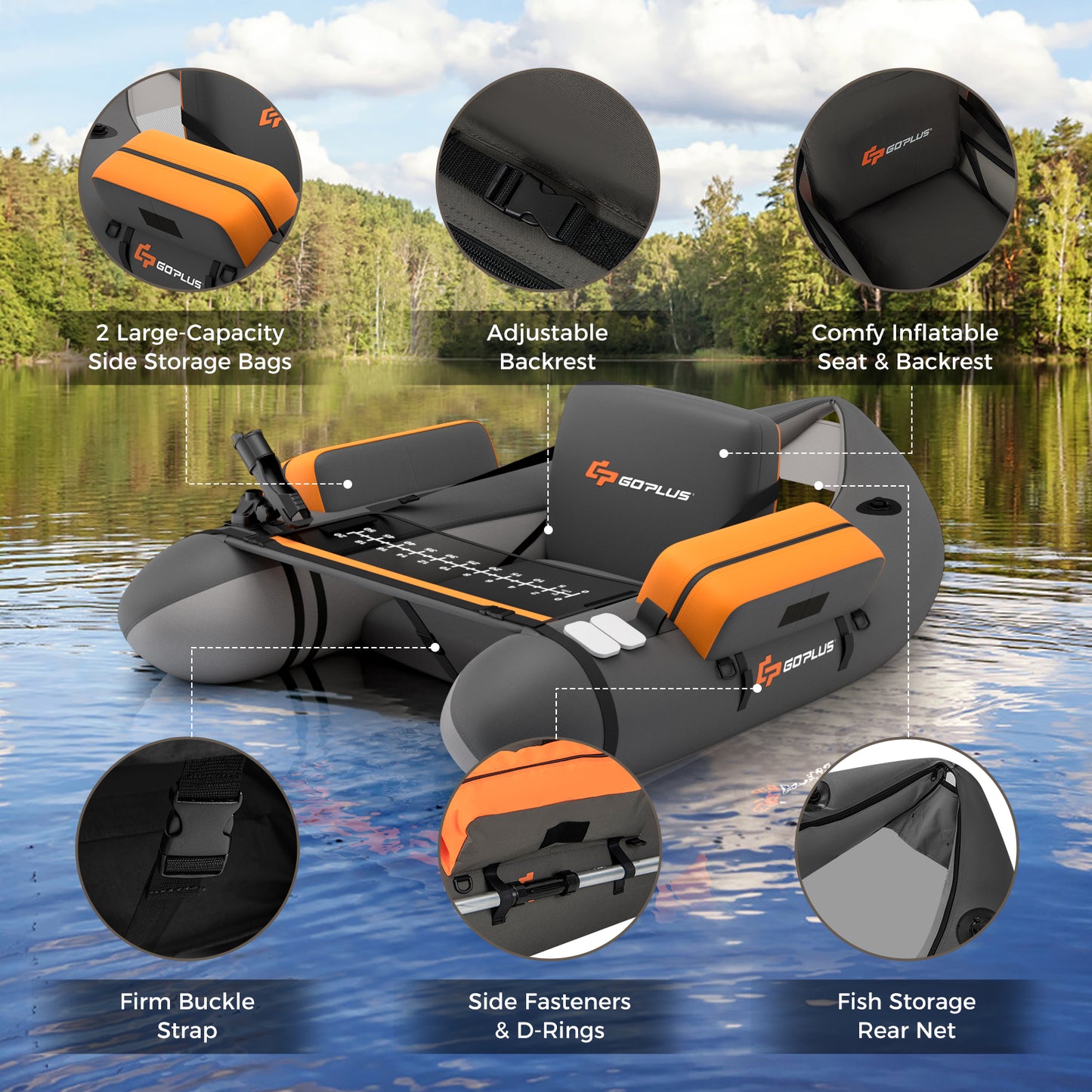 Inflatable Fishing Float Tube with Fish Ruler and Pump Storage Pockets-Gray Kids Crystal