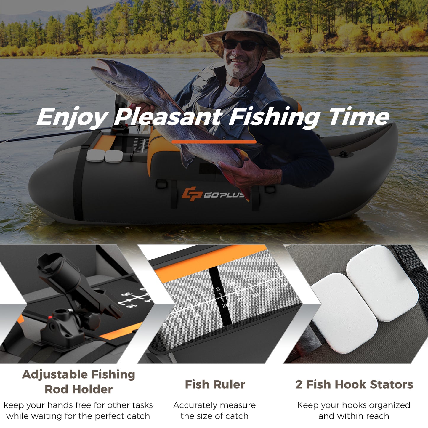 Inflatable Fishing Float Tube with Fish Ruler and Pump Storage Pockets-Gray Kids Crystal